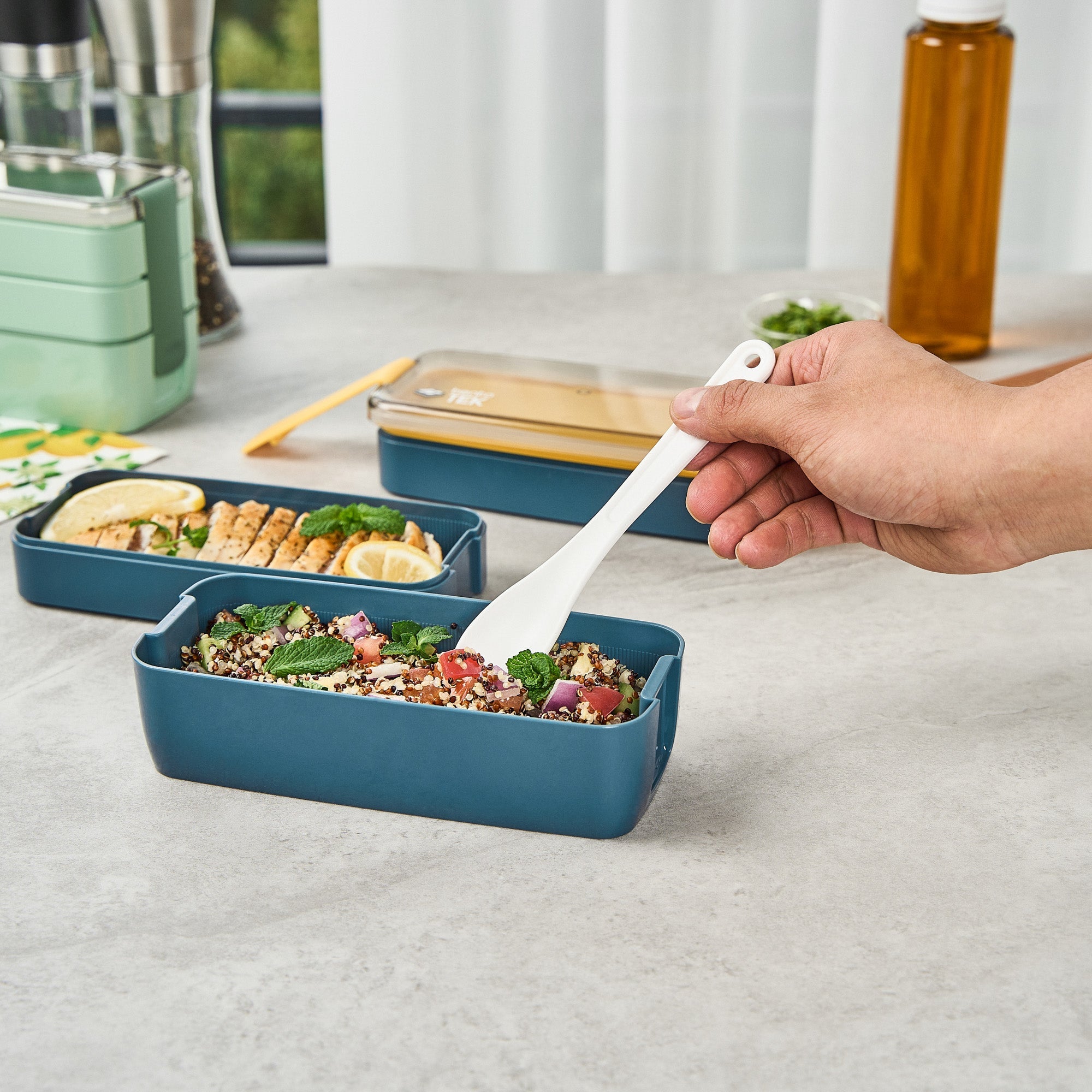 Bento Tek 30 oz Blue and Yellow 3-In-1 Lunch Box - BPA-Free, Microwave-Safe, with Fork and Knife - 7 1/2" x 3 1/4" x 4 1/2" - 1 count box