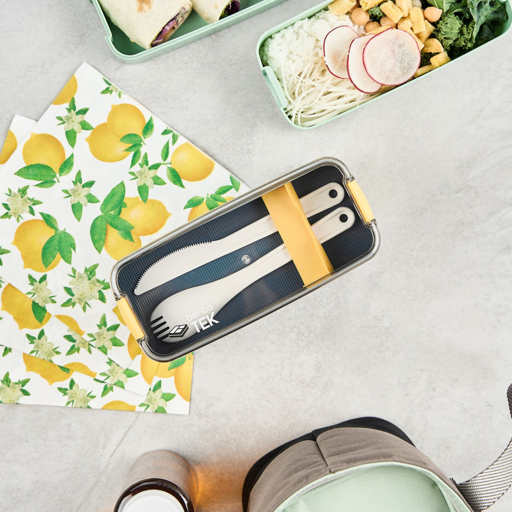 Bento Tek 30 oz Blue and Yellow 3-In-1 Lunch Box - BPA-Free, Microwave-Safe, with Fork and Knife - 7 1/2" x 3 1/4" x 4 1/2" - 1 count box