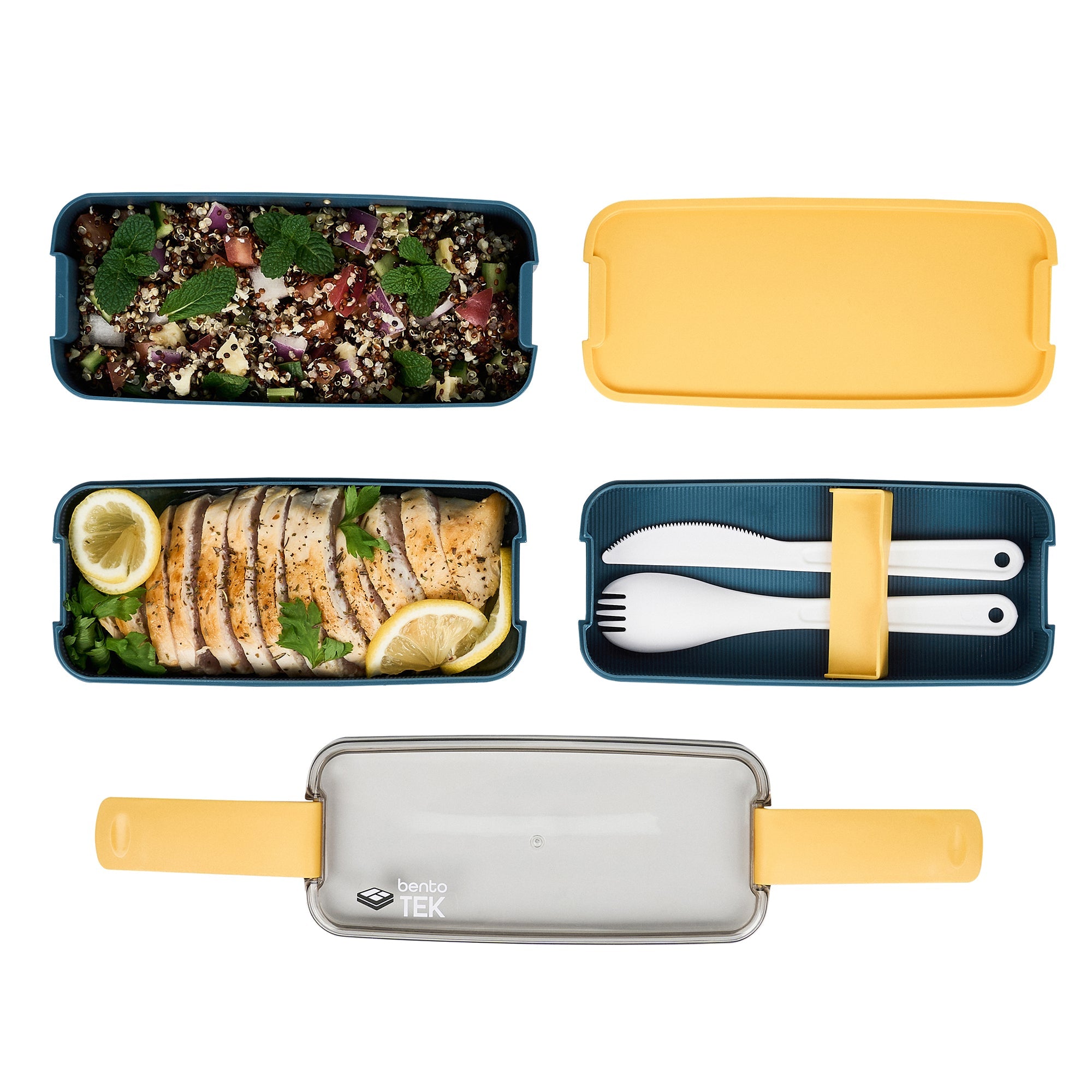 Bento Tek 30 oz Blue and Yellow 3-In-1 Lunch Box - BPA-Free, Microwave-Safe, with Fork and Knife - 7 1/2" x 3 1/4" x 4 1/2" - 10 count box