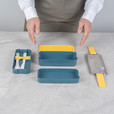 Bento Tek 30 oz Blue and Yellow 3-In-1 Lunch Box - BPA-Free, Microwave-Safe, with Fork and Knife - 7 1/2" x 3 1/4" x 4 1/2" - 10 count box