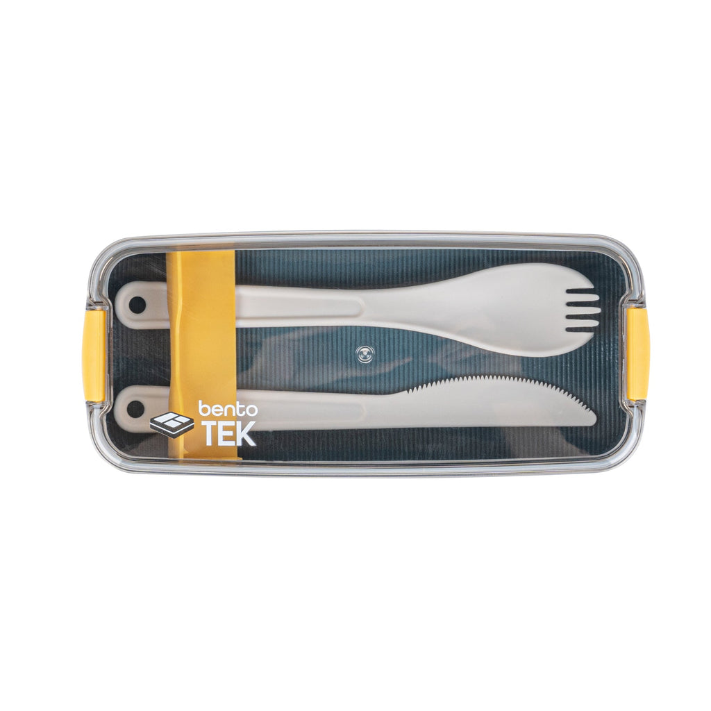 Bento Tek 30 oz Blue and Yellow 3-In-1 Lunch Box - BPA-Free, Microwave-Safe, with Fork and Knife - 7 1/2" x 3 1/4" x 4 1/2" - 10 count box
