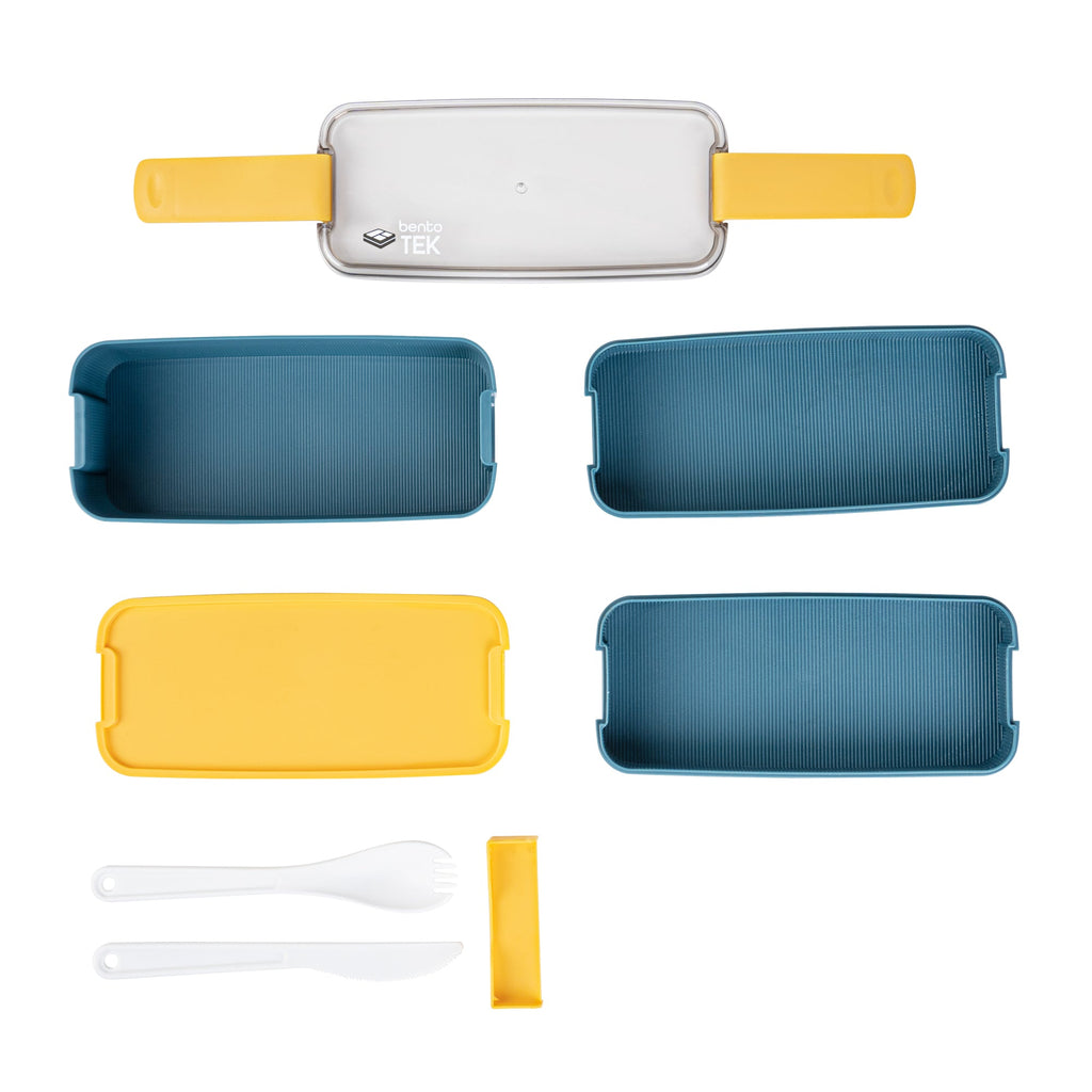 Bento Tek 30 oz Blue and Yellow 3-In-1 Lunch Box - BPA-Free, Microwave-Safe, with Fork and Knife - 7 1/2" x 3 1/4" x 4 1/2" - 10 count box
