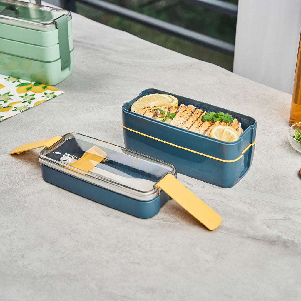 Bento Tek 30 oz Blue and Yellow 3-In-1 Lunch Box - BPA-Free, Microwave-Safe, with Fork and Knife - 7 1/2" x 3 1/4" x 4 1/2" - 10 count box