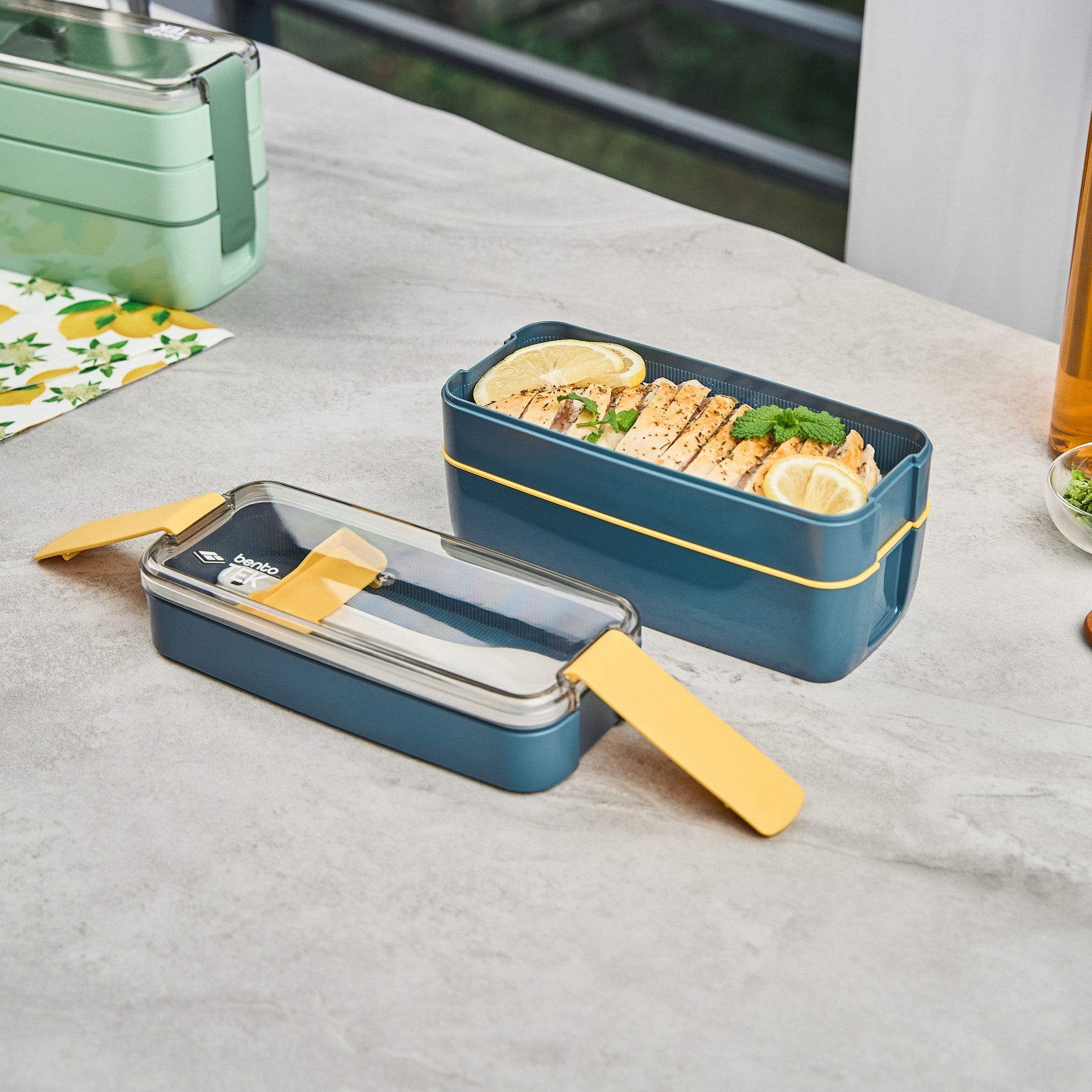 Bento Tek 30 oz Blue and Yellow 3-In-1 Lunch Box - BPA-Free, Microwave-Safe, with Fork and Knife - 7 1/2" x 3 1/4" x 4 1/2" - 10 count box