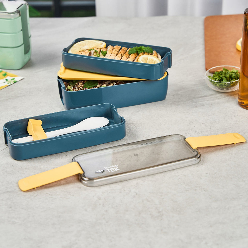 Bento Tek 30 oz Blue and Yellow 3-In-1 Lunch Box - BPA-Free, Microwave-Safe, with Fork and Knife - 7 1/2" x 3 1/4" x 4 1/2" - 10 count box