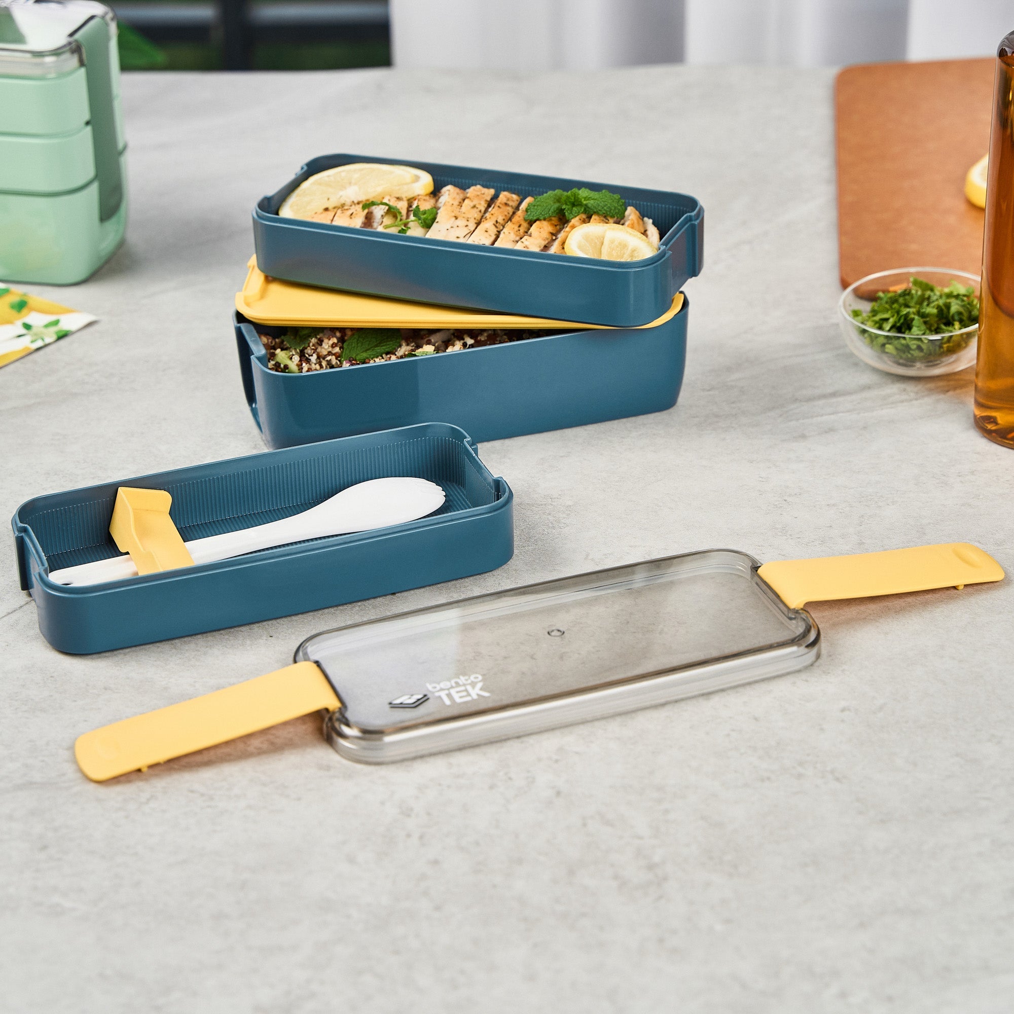 Bento Tek 30 oz Blue and Yellow 3-In-1 Lunch Box - BPA-Free, Microwave-Safe, with Fork and Knife - 7 1/2" x 3 1/4" x 4 1/2" - 10 count box