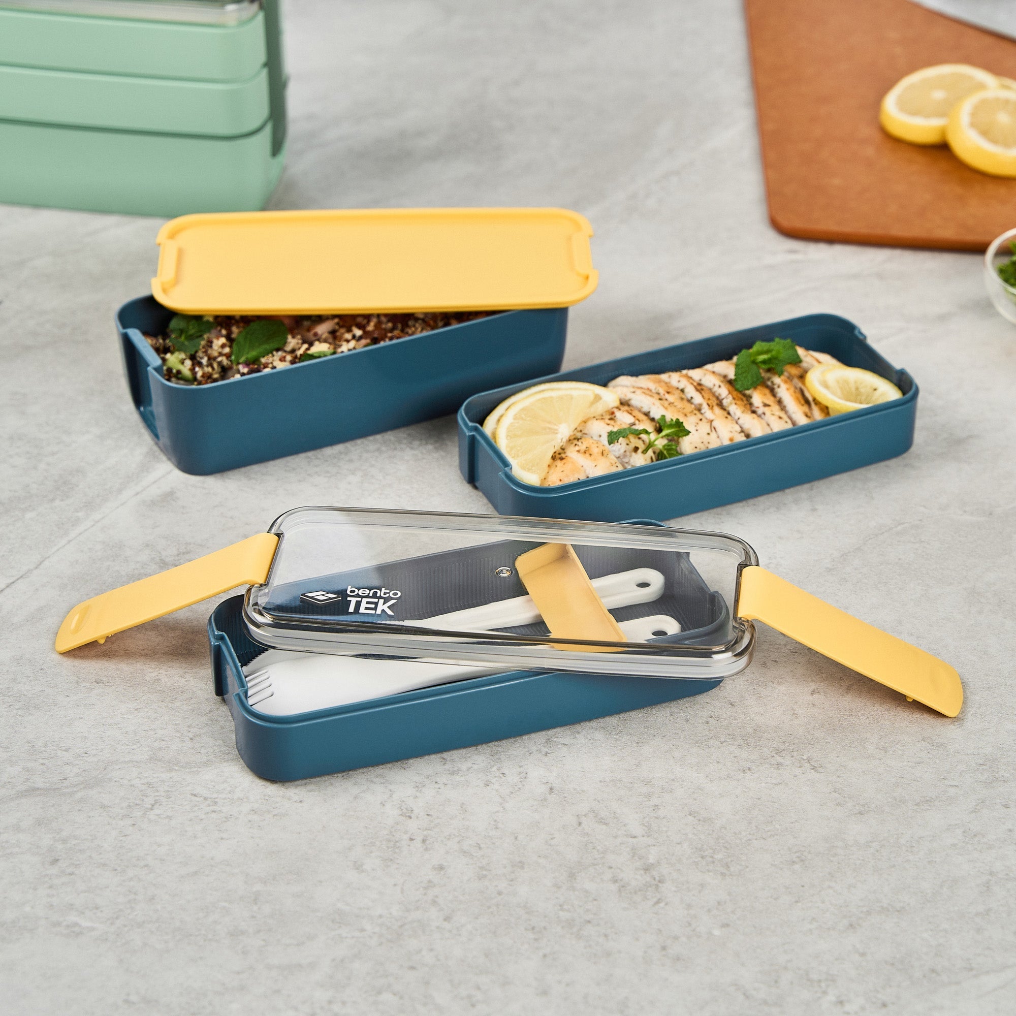 Bento Tek 30 oz Blue and Yellow 3-In-1 Lunch Box - BPA-Free, Microwave-Safe, with Fork and Knife - 7 1/2" x 3 1/4" x 4 1/2" - 10 count box