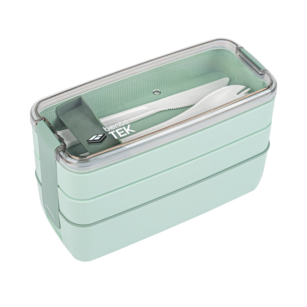 Bento Tek 30 oz Green 3-In-1 Lunch Box - BPA-Free, Microwave-Safe, with Fork and Knife - 7 1/2" x 3 1/4" x 4 1/2" - 1 count box