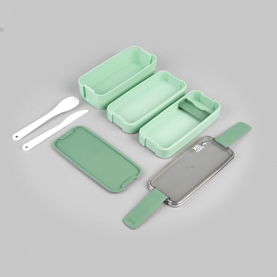 Bento Tek 30 oz Green 3-In-1 Lunch Box - BPA-Free, Microwave-Safe, with Fork and Knife - 7 1/2" x 3 1/4" x 4 1/2" - 1 count box