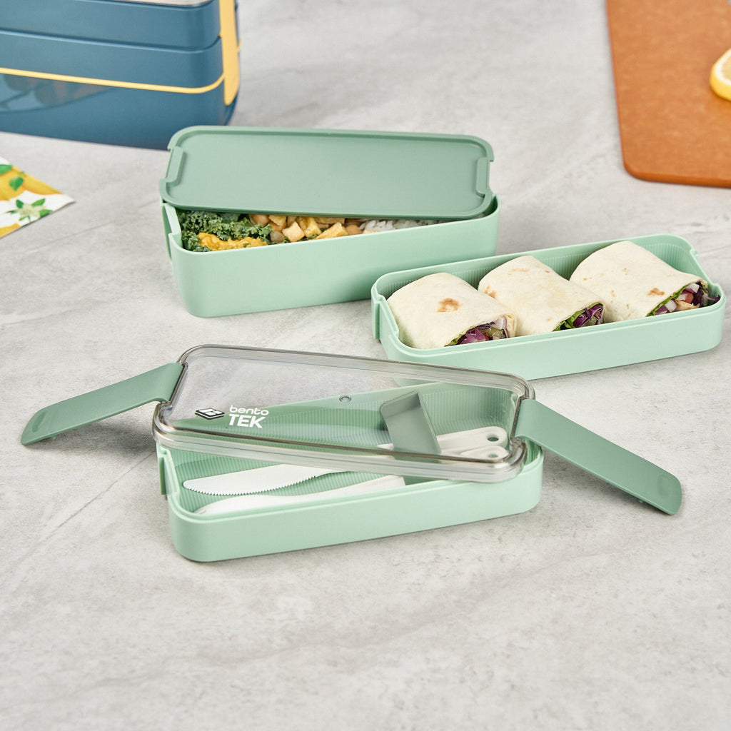 Bento Tek 30 oz Green 3-In-1 Lunch Box - BPA-Free, Microwave-Safe, with Fork and Knife - 7 1/2" x 3 1/4" x 4 1/2" - 1 count box