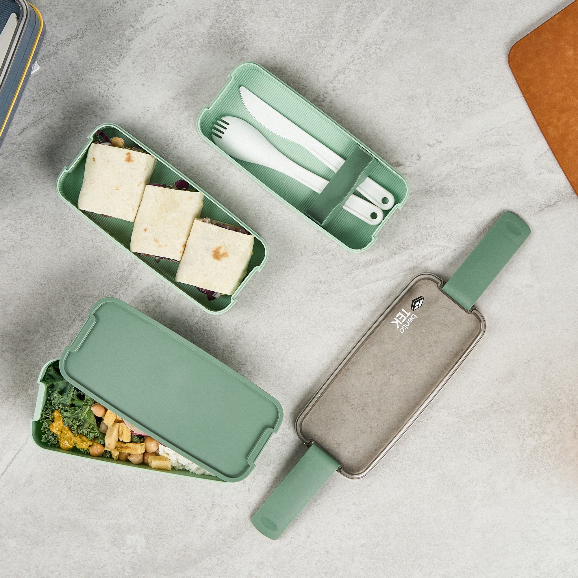 Bento Tek 30 oz Green 3-In-1 Lunch Box - BPA-Free, Microwave-Safe, with Fork and Knife - 7 1/2" x 3 1/4" x 4 1/2" - 1 count box