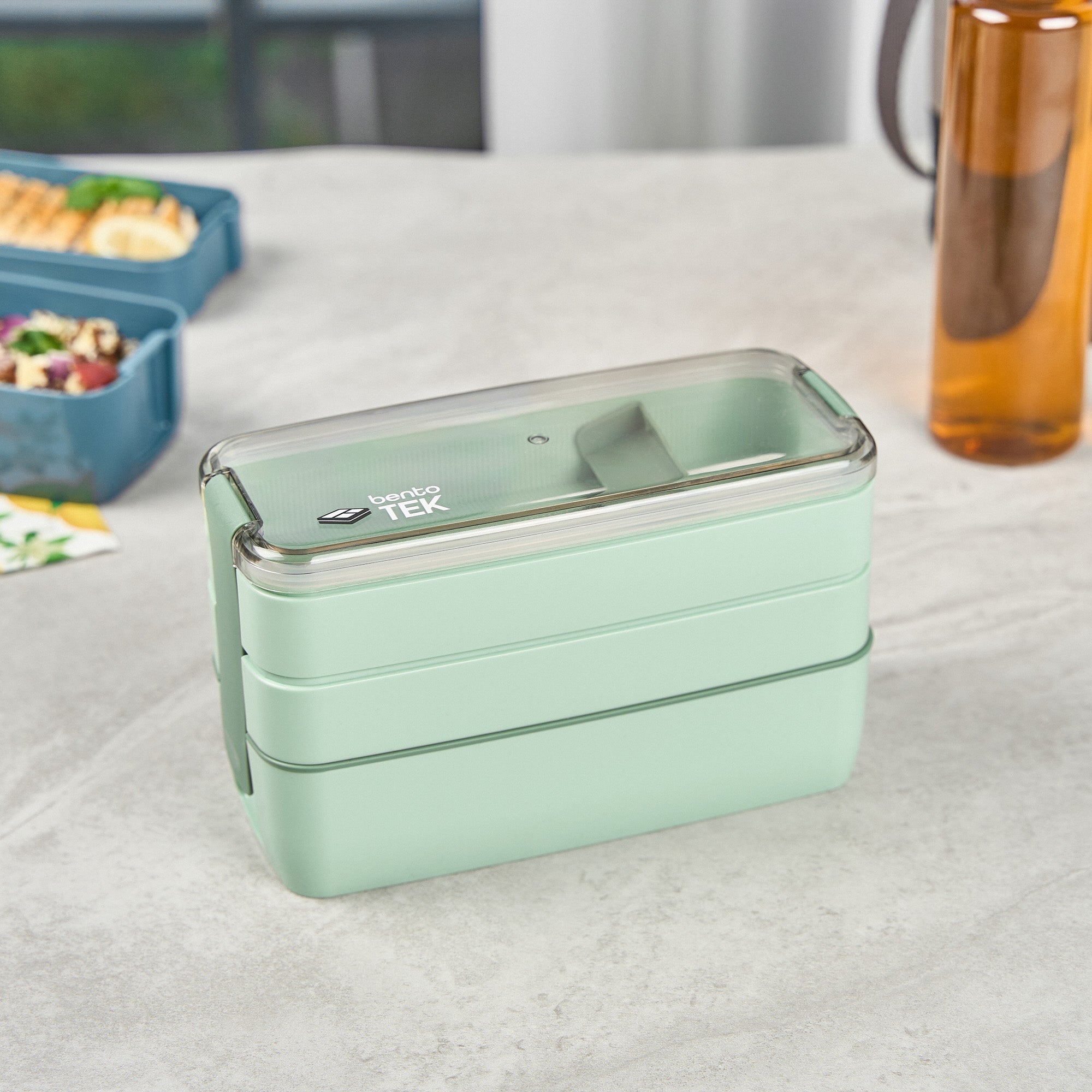 Bento Tek 30 oz Green 3-In-1 Lunch Box - BPA-Free, Microwave-Safe, with Fork and Knife - 7 1/2" x 3 1/4" x 4 1/2" - 10 count box