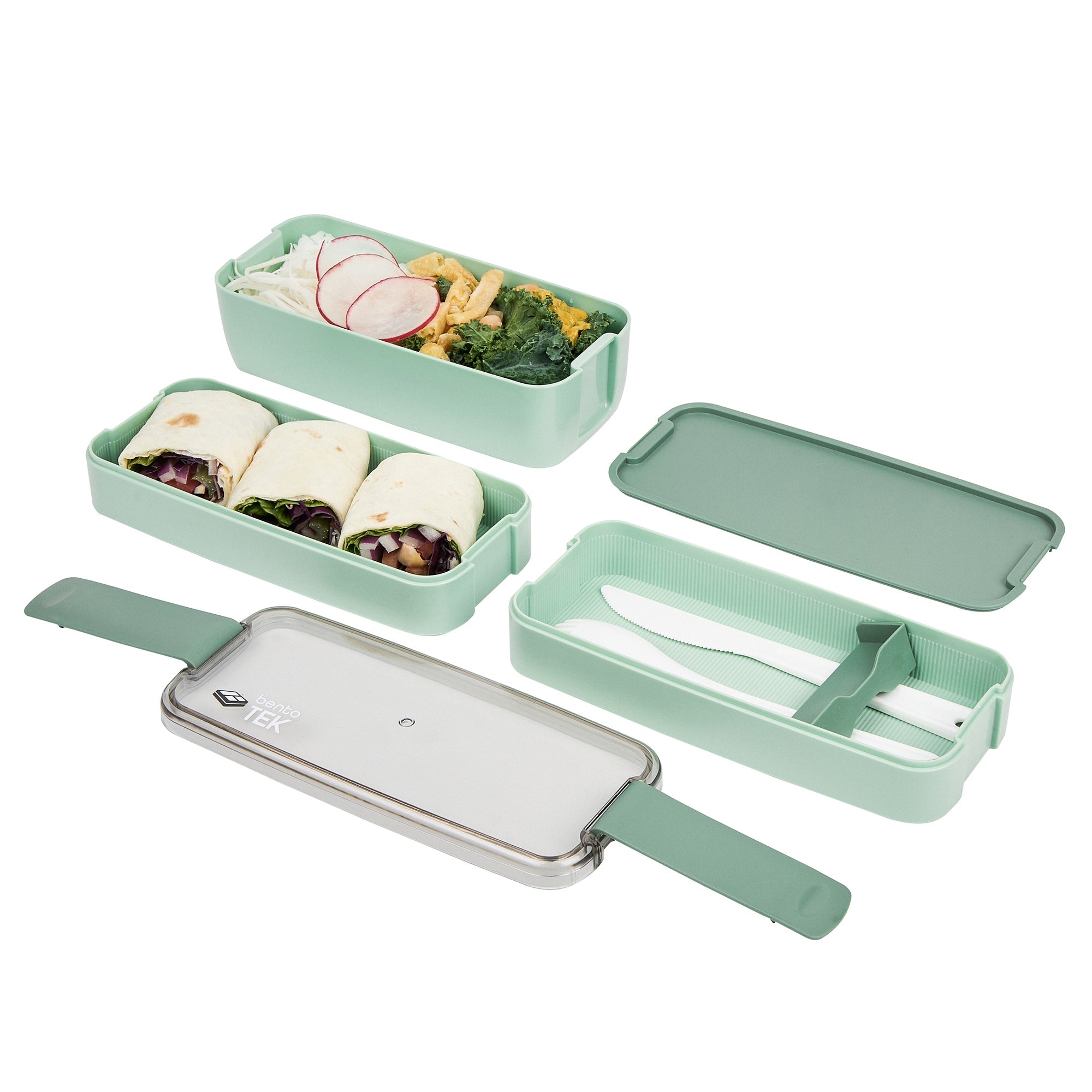 Bento Tek 30 oz Green 3-In-1 Lunch Box - BPA-Free, Microwave-Safe, with Fork and Knife - 7 1/2" x 3 1/4" x 4 1/2" - 10 count box