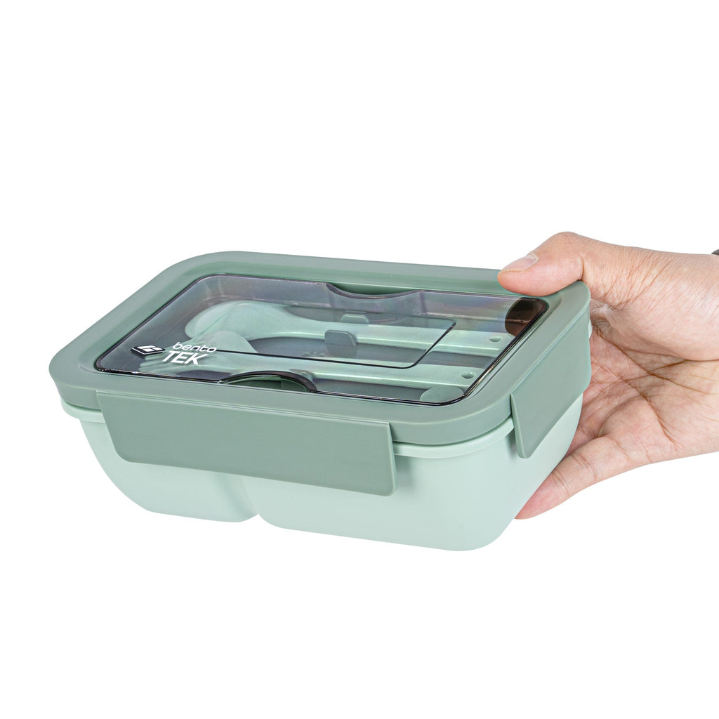 Bento Tek 30 oz Green 3-In-1 Lunch Box - BPA-Free, Microwave-Safe, with Fork and Knife - 7 1/2" x 3 1/4" x 4 1/2" - 10 count box