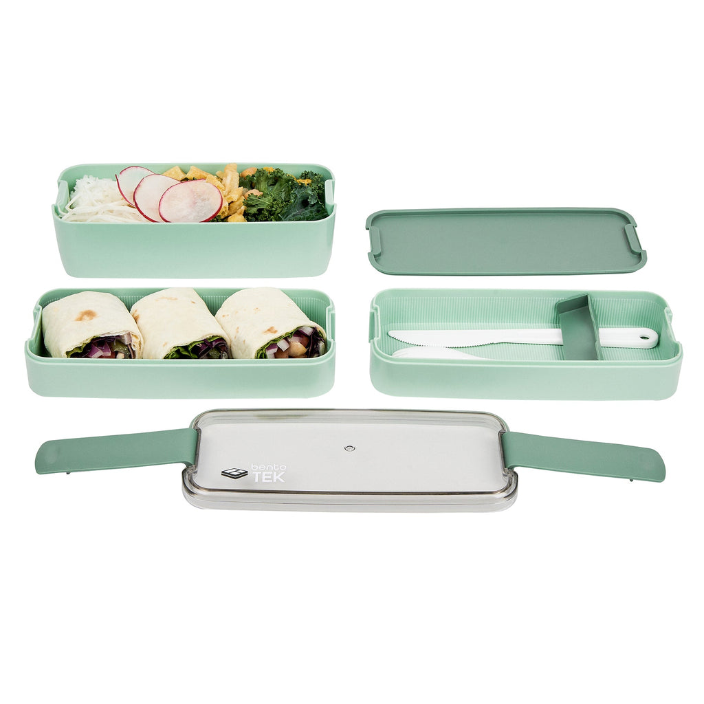Bento Tek 30 oz Green 3-In-1 Lunch Box - BPA-Free, Microwave-Safe, with Fork and Knife - 7 1/2" x 3 1/4" x 4 1/2" - 10 count box