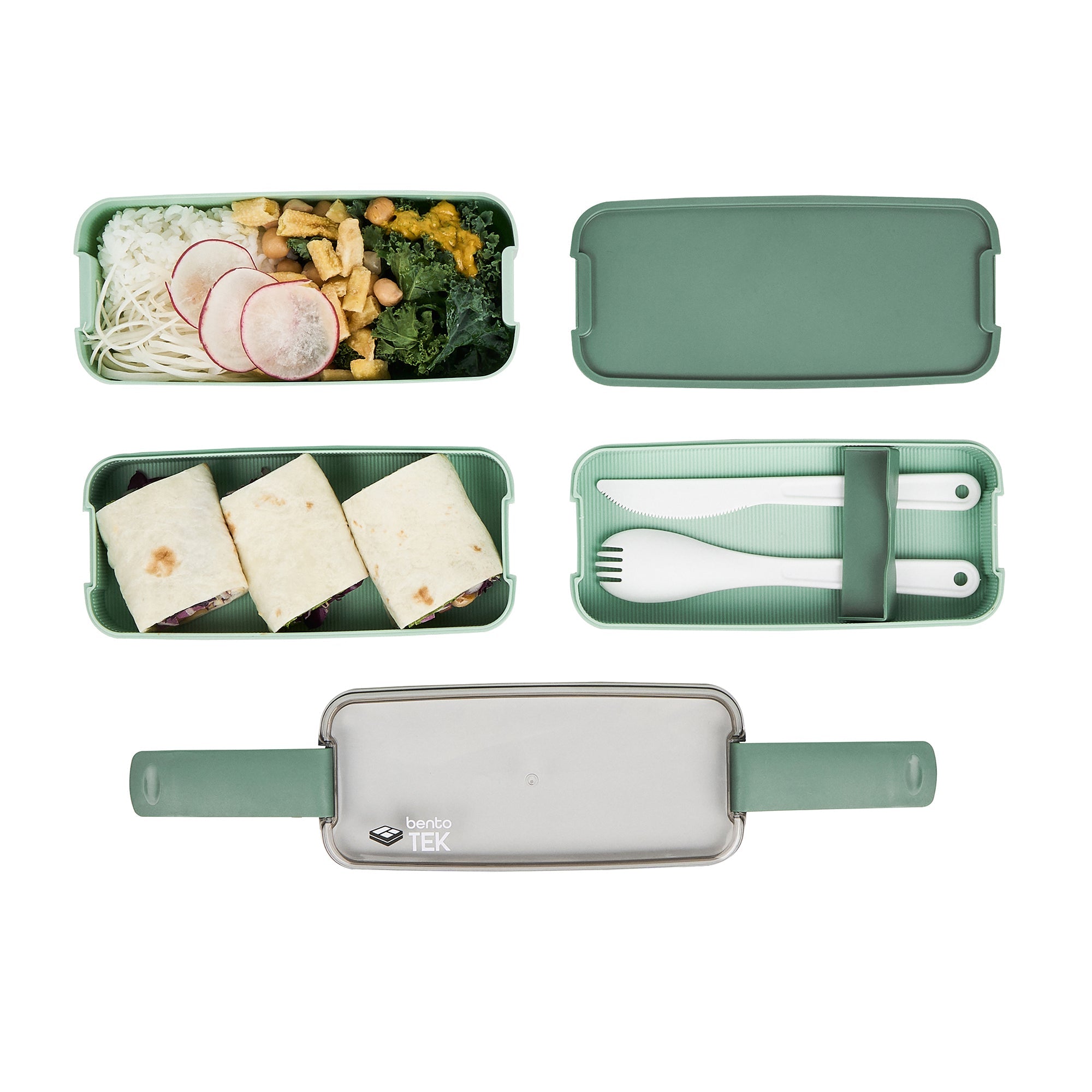 Bento Tek 30 oz Green 3-In-1 Lunch Box - BPA-Free, Microwave-Safe, with Fork and Knife - 7 1/2" x 3 1/4" x 4 1/2" - 10 count box