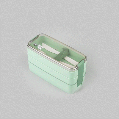 Bento Tek 30 oz Green 3-In-1 Lunch Box - BPA-Free, Microwave-Safe, with Fork and Knife - 7 1/2" x 3 1/4" x 4 1/2" - 10 count box