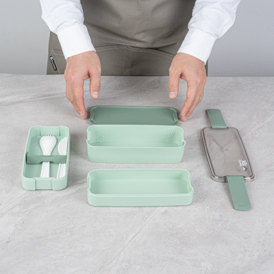 Bento Tek 30 oz Green 3-In-1 Lunch Box - BPA-Free, Microwave-Safe, with Fork and Knife - 7 1/2" x 3 1/4" x 4 1/2" - 10 count box