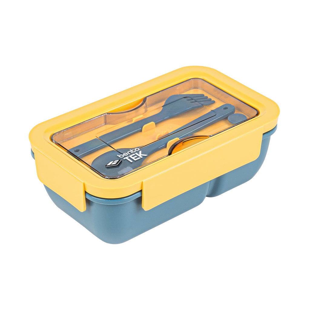 Bento Tek 29 oz Blue and Yellow Lunch Box - BPA-Free, Microwave-Safe, with Fork and Spoon - 7 3/4" x 4 3/4" x 2 3/4" - 1 count box