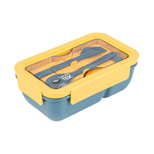 Bento Tek 29 oz Blue and Yellow Lunch Box - BPA-Free, Microwave-Safe, with Fork and Spoon - 7 3/4" x 4 3/4" x 2 3/4" - 1 count box