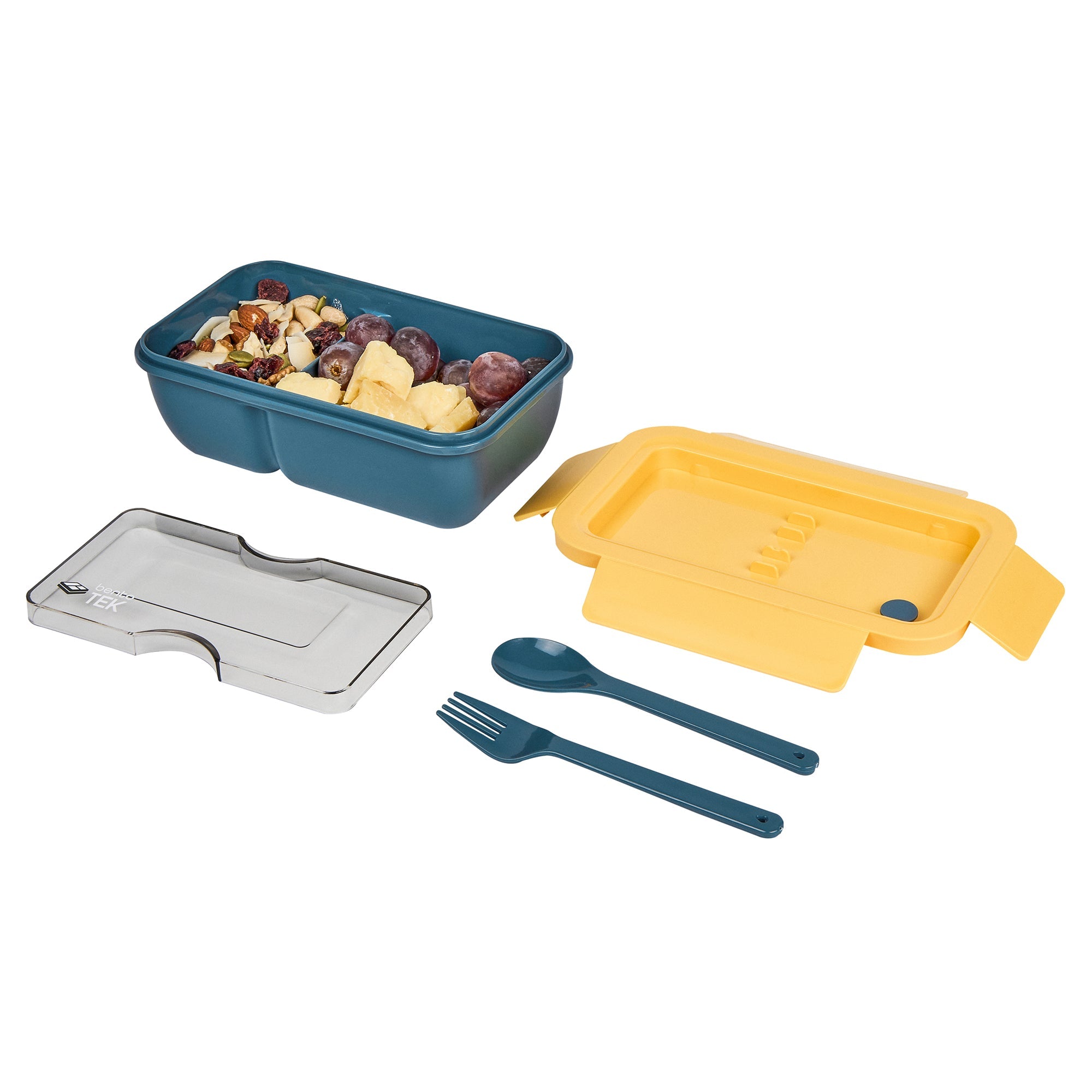 Bento Tek 29 oz Blue and Yellow Lunch Box - BPA-Free, Microwave-Safe, with Fork and Spoon - 7 3/4" x 4 3/4" x 2 3/4" - 1 count box