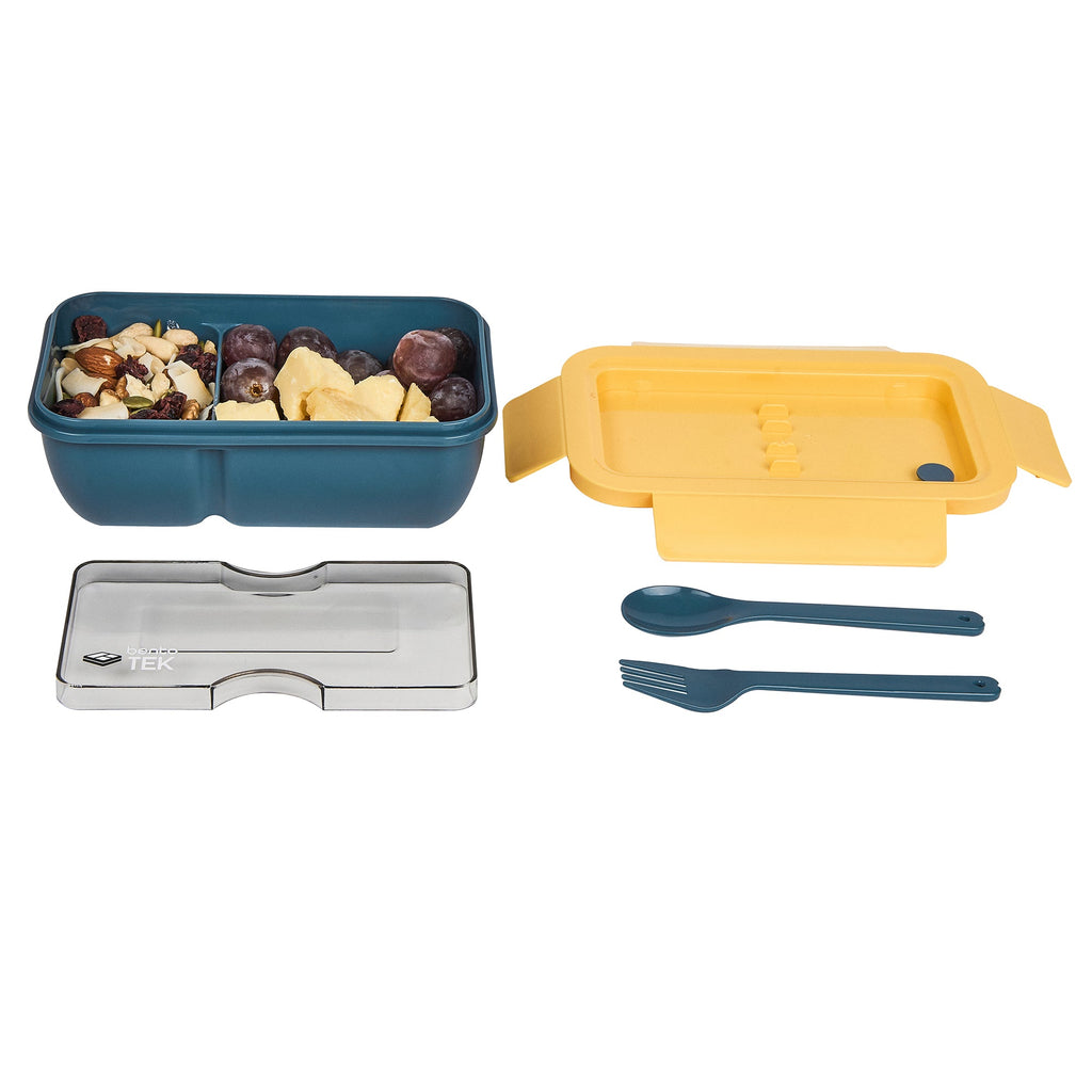 Bento Tek 29 oz Blue and Yellow Lunch Box - BPA-Free, Microwave-Safe, with Fork and Spoon - 7 3/4" x 4 3/4" x 2 3/4" - 1 count box