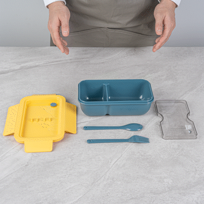 Bento Tek 29 oz Blue and Yellow Lunch Box - BPA-Free, Microwave-Safe, with Fork and Spoon - 7 3/4" x 4 3/4" x 2 3/4" - 1 count box