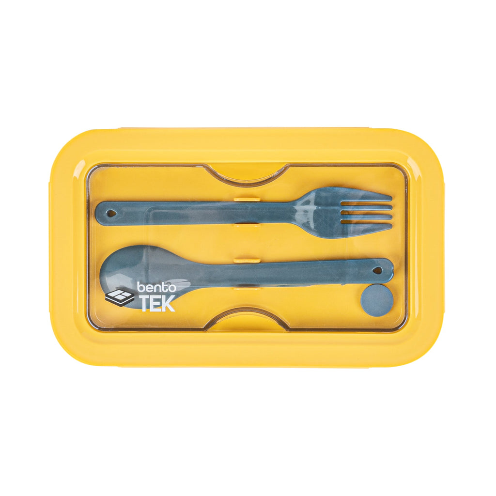Bento Tek 29 oz Blue and Yellow Lunch Box - BPA-Free, Microwave-Safe, with Fork and Spoon - 7 3/4" x 4 3/4" x 2 3/4" - 1 count box