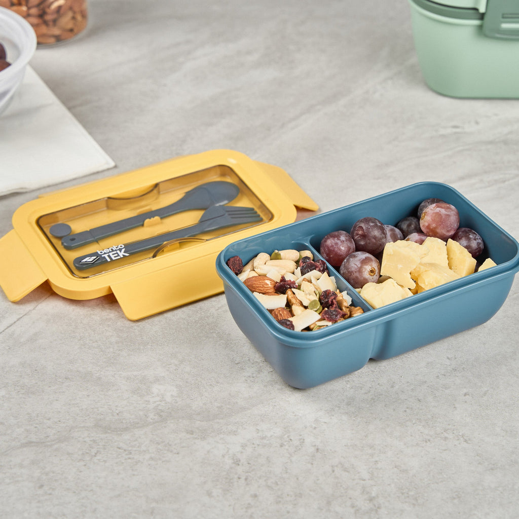 Bento Tek 29 oz Blue and Yellow Lunch Box - BPA-Free, Microwave-Safe, with Fork and Spoon - 7 3/4" x 4 3/4" x 2 3/4" - 1 count box