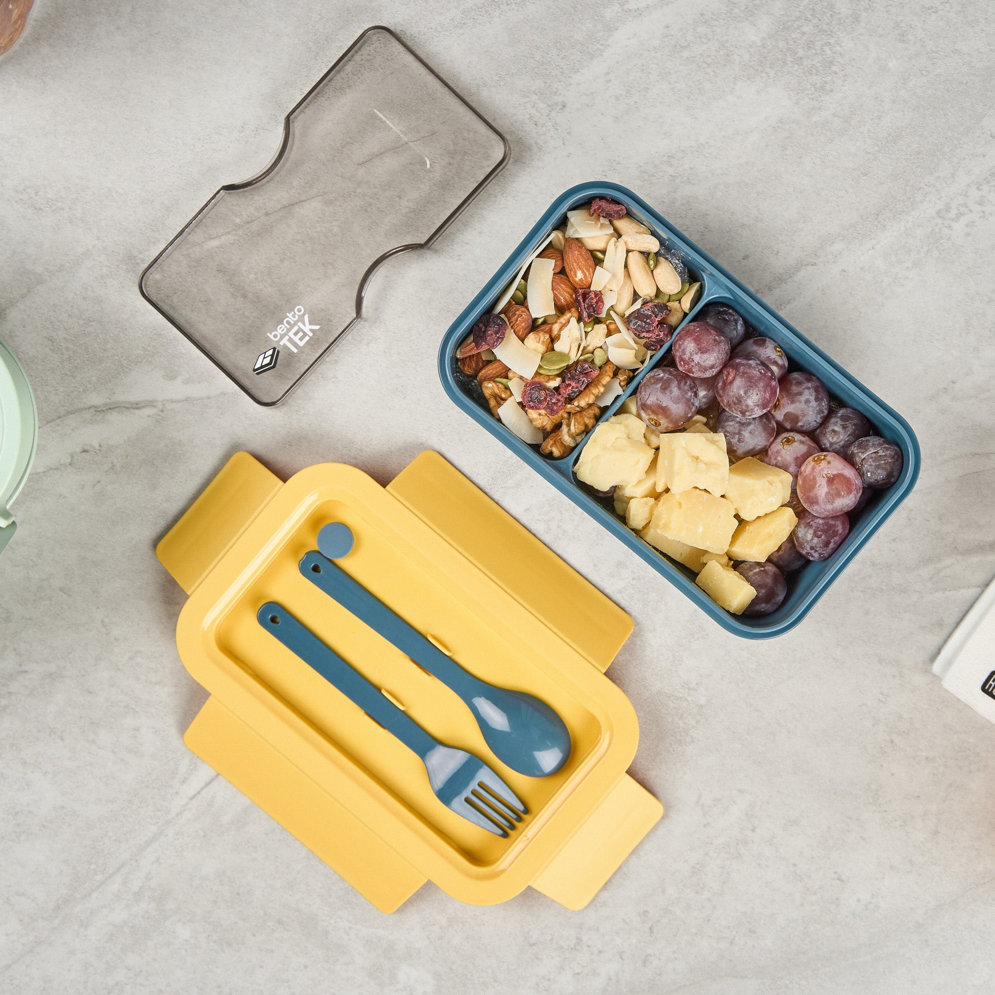 Bento Tek 29 oz Blue and Yellow Lunch Box - BPA-Free, Microwave-Safe, with Fork and Spoon - 7 3/4" x 4 3/4" x 2 3/4" - 1 count box