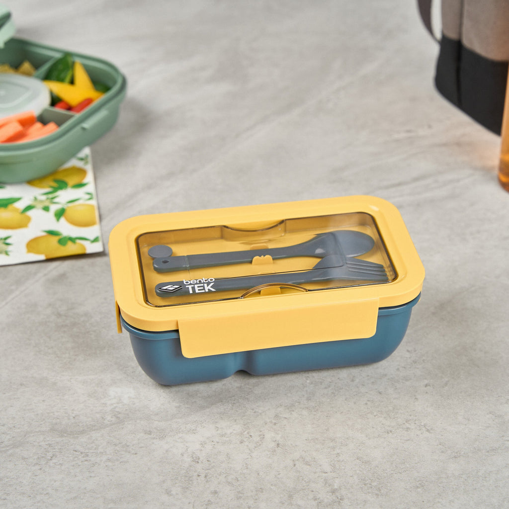 Bento Tek 29 oz Blue and Yellow Lunch Box - BPA-Free, Microwave-Safe, with Fork and Spoon - 7 3/4" x 4 3/4" x 2 3/4" - 10 count box