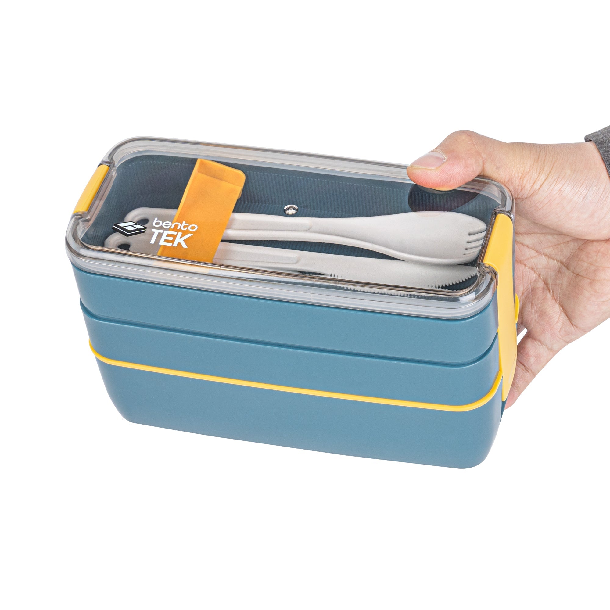 Bento Tek 29 oz Blue and Yellow Lunch Box - BPA-Free, Microwave-Safe, with Fork and Spoon - 7 3/4" x 4 3/4" x 2 3/4" - 10 count box
