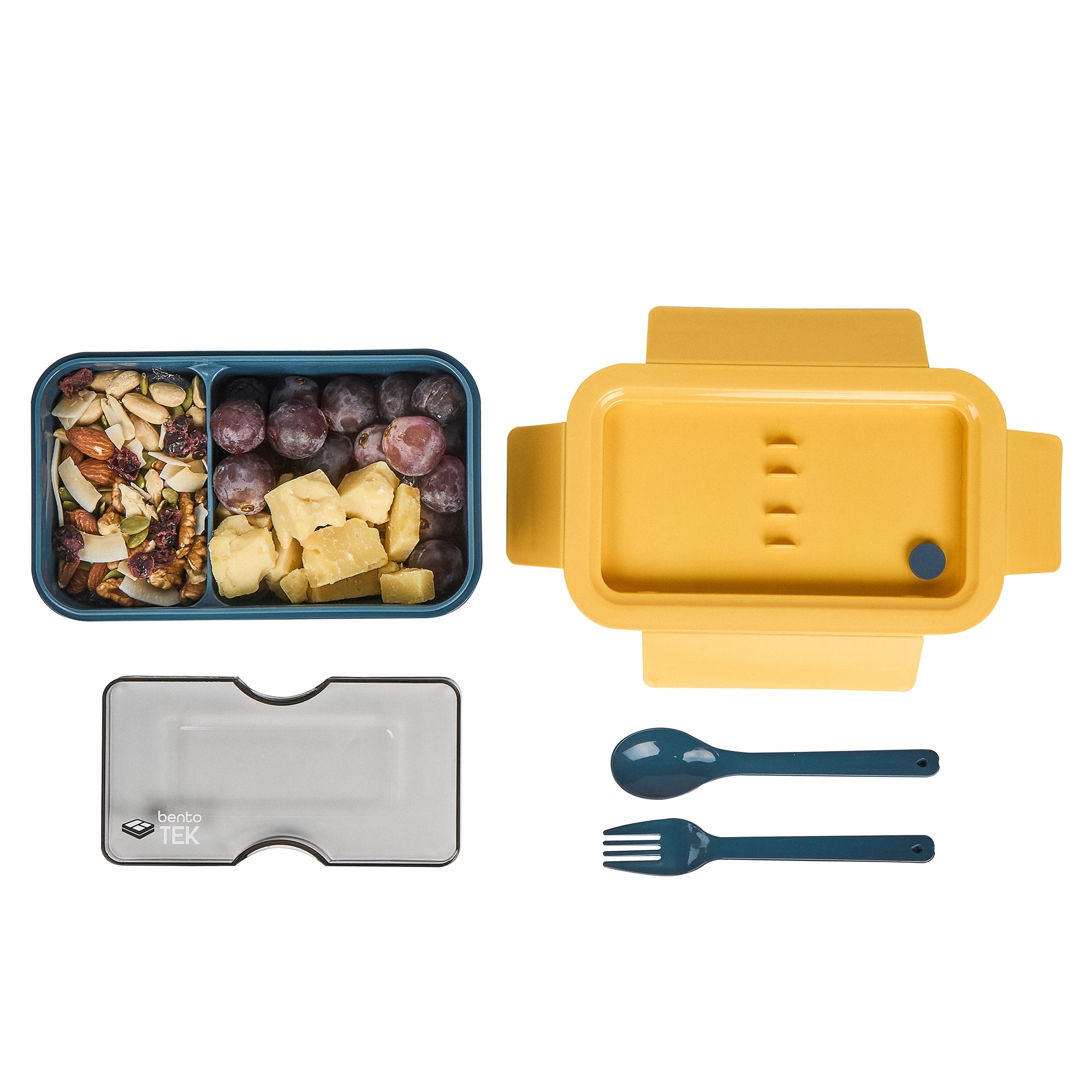 Bento Tek 29 oz Blue and Yellow Lunch Box - BPA-Free, Microwave-Safe, with Fork and Spoon - 7 3/4" x 4 3/4" x 2 3/4" - 10 count box