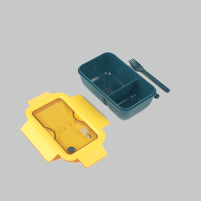Bento Tek 29 oz Blue and Yellow Lunch Box - BPA-Free, Microwave-Safe, with Fork and Spoon - 7 3/4" x 4 3/4" x 2 3/4" - 10 count box