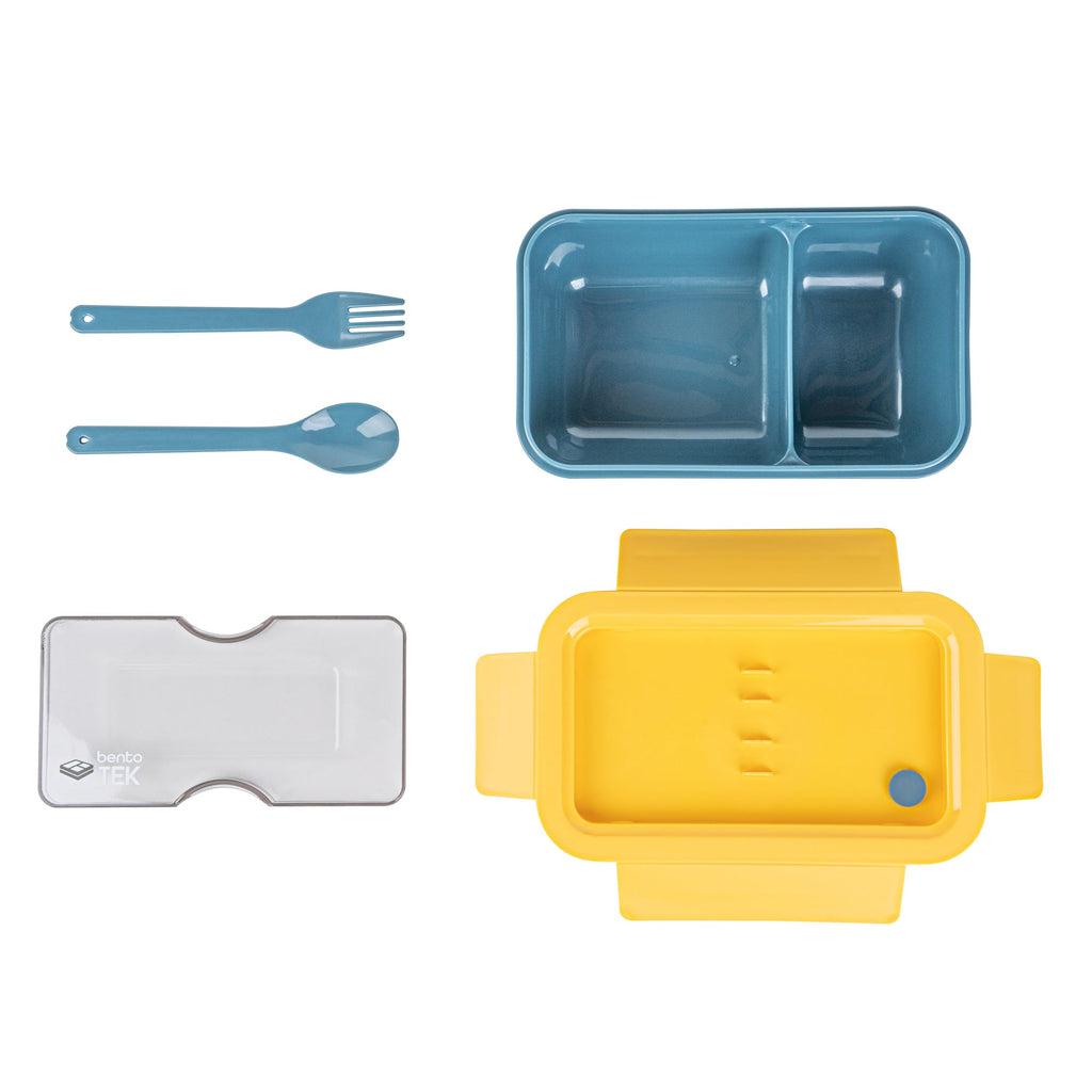 Bento Tek 29 oz Blue and Yellow Lunch Box - BPA-Free, Microwave-Safe, with Fork and Spoon - 7 3/4" x 4 3/4" x 2 3/4" - 10 count box