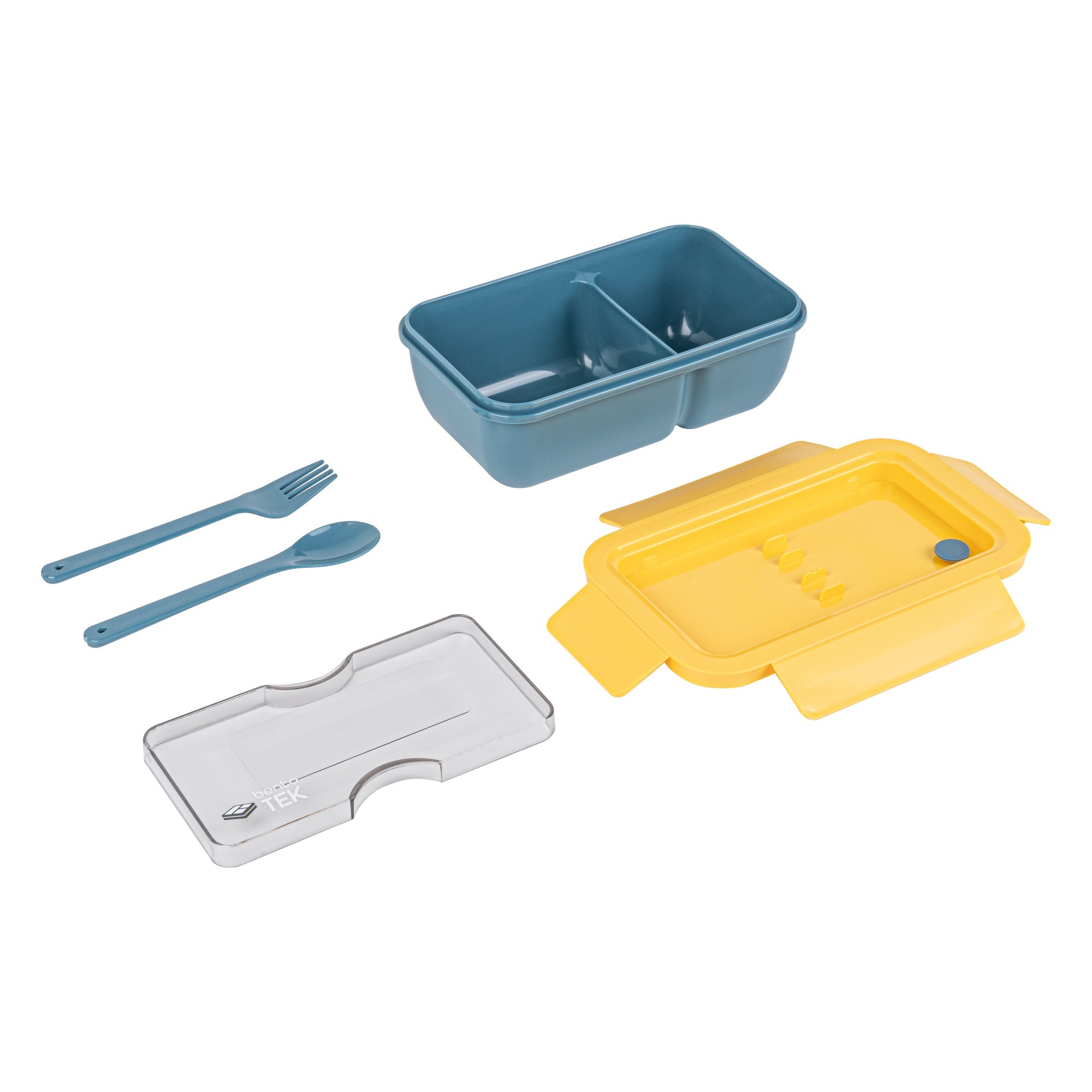 Bento Tek 29 oz Blue and Yellow Lunch Box - BPA-Free, Microwave-Safe, with Fork and Spoon - 7 3/4" x 4 3/4" x 2 3/4" - 10 count box