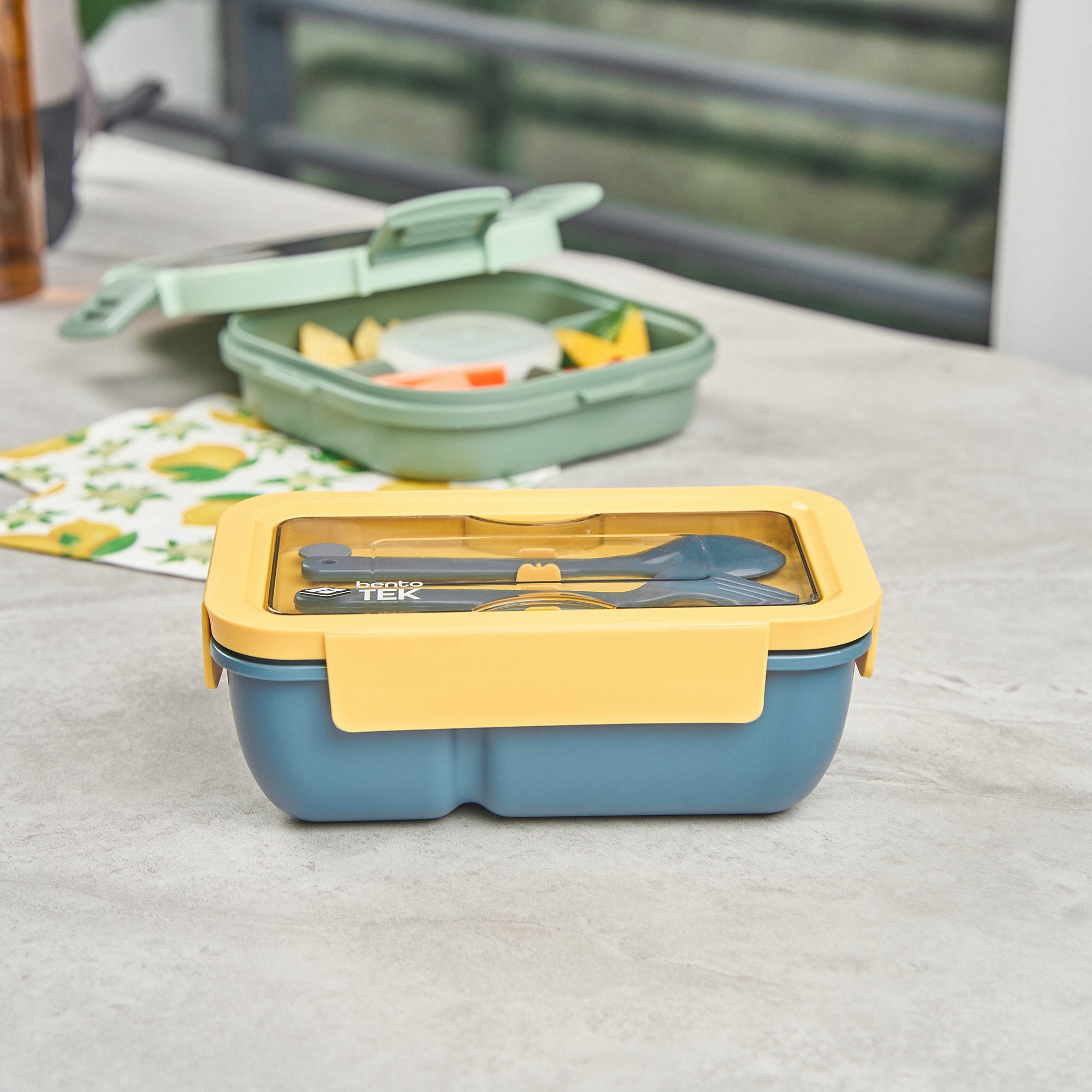 Bento Tek 29 oz Blue and Yellow Lunch Box - BPA-Free, Microwave-Safe, with Fork and Spoon - 7 3/4" x 4 3/4" x 2 3/4" - 10 count box