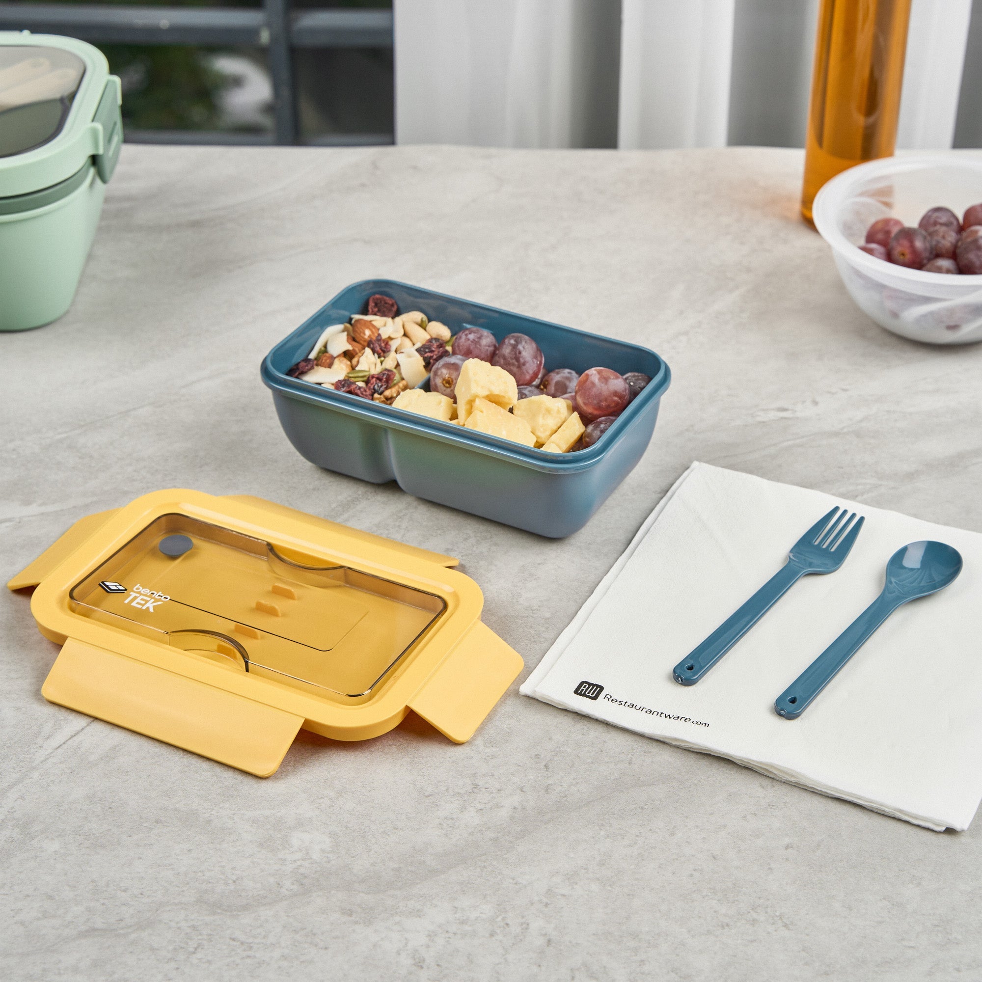 Bento Tek 29 oz Blue and Yellow Lunch Box - BPA-Free, Microwave-Safe, with Fork and Spoon - 7 3/4" x 4 3/4" x 2 3/4" - 10 count box