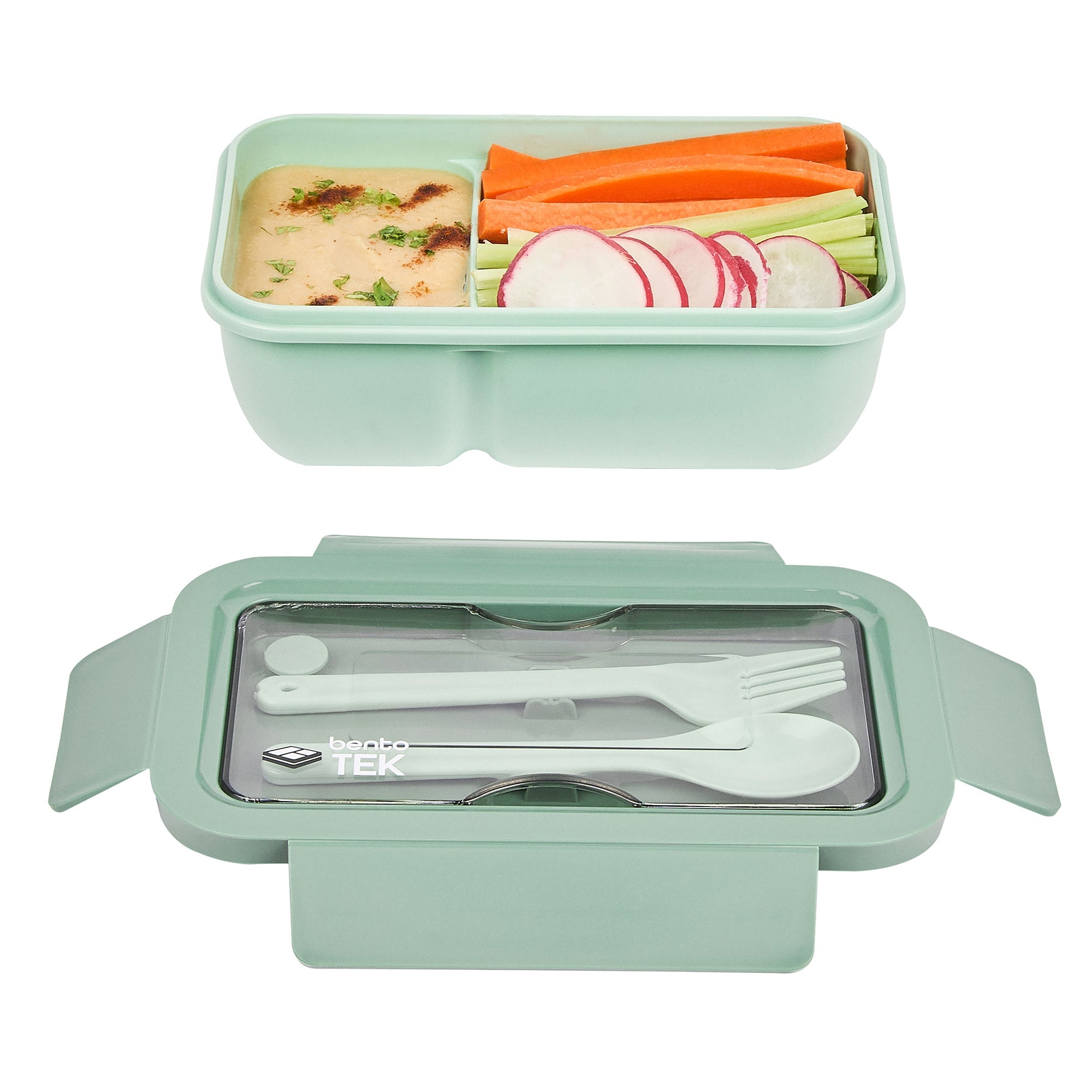 Bento Tek 29 oz Green Lunch Box - BPA-Free, Microwave-Safe, with Fork and Spoon - 7 3/4" x 4 3/4" x 2 3/4" - 1 count box