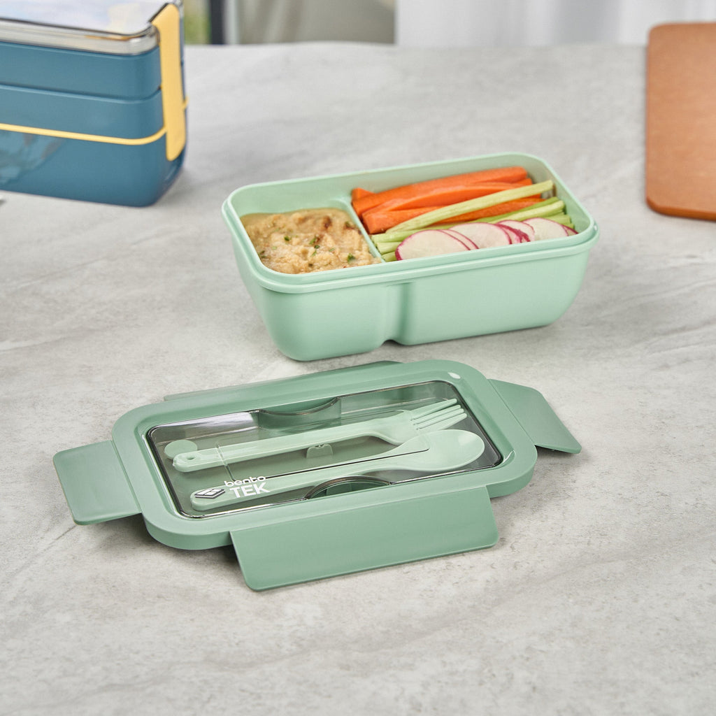 Bento Tek 29 oz Green Lunch Box - BPA-Free, Microwave-Safe, with Fork and Spoon - 7 3/4" x 4 3/4" x 2 3/4" - 1 count box