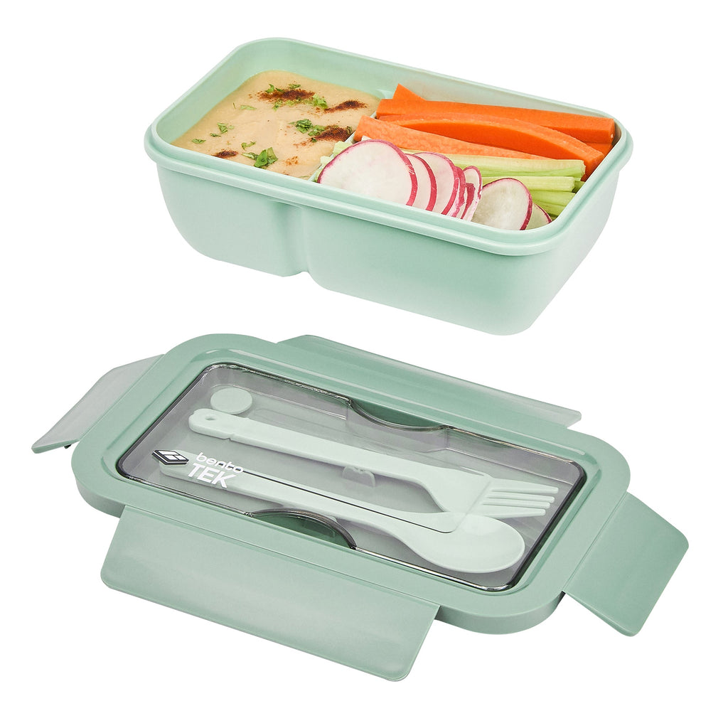 Bento Tek 29 oz Green Lunch Box - BPA-Free, Microwave-Safe, with Fork and Spoon - 7 3/4" x 4 3/4" x 2 3/4" - 10 count box