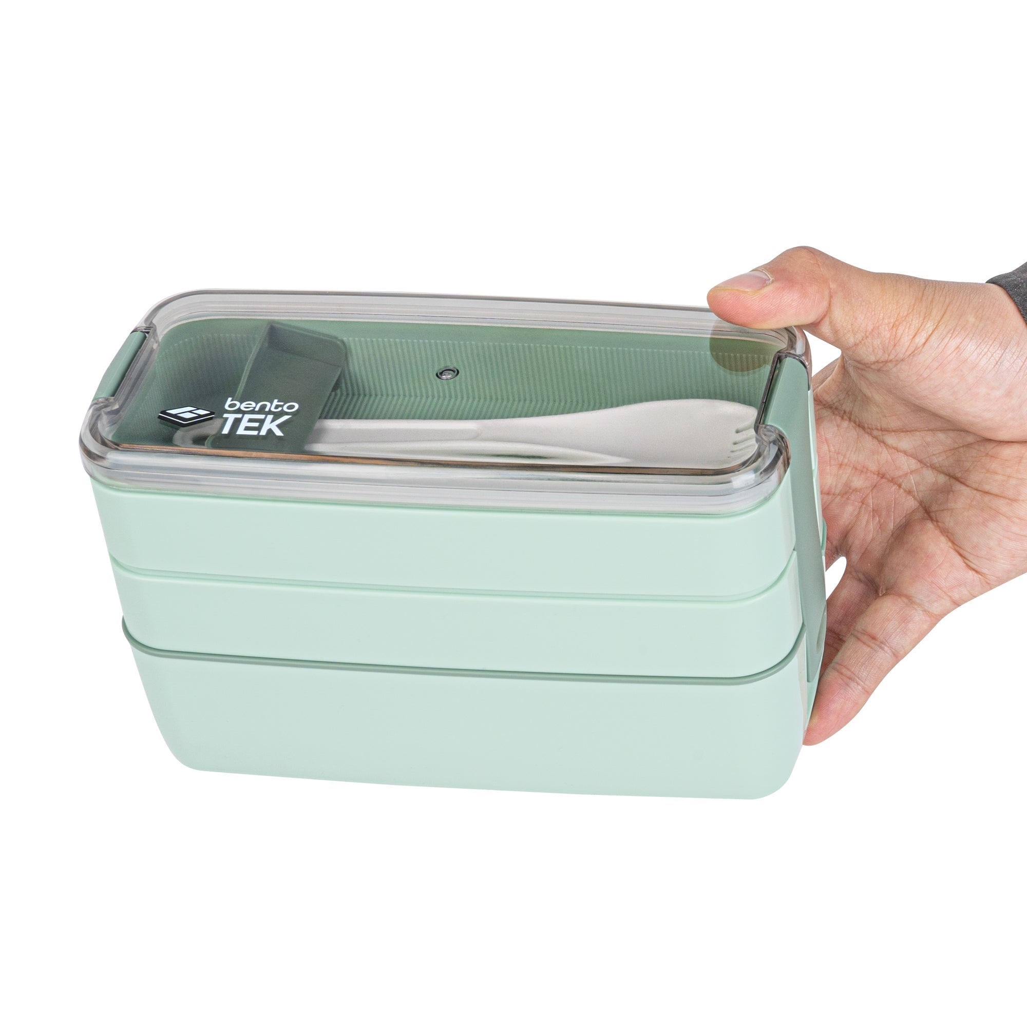 Bento Tek 29 oz Green Lunch Box - BPA-Free, Microwave-Safe, with Fork and Spoon - 7 3/4" x 4 3/4" x 2 3/4" - 10 count box