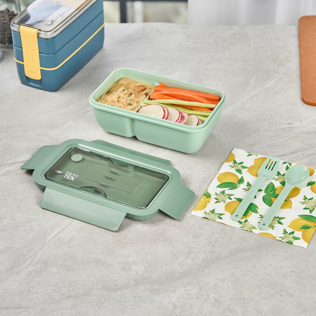 Bento Tek 29 oz Green Lunch Box - BPA-Free, Microwave-Safe, with Fork and Spoon - 7 3/4" x 4 3/4" x 2 3/4" - 10 count box