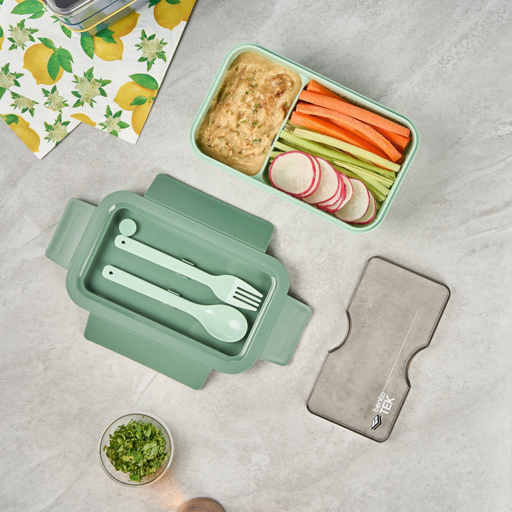 Bento Tek 29 oz Green Lunch Box - BPA-Free, Microwave-Safe, with Fork and Spoon - 7 3/4" x 4 3/4" x 2 3/4" - 10 count box
