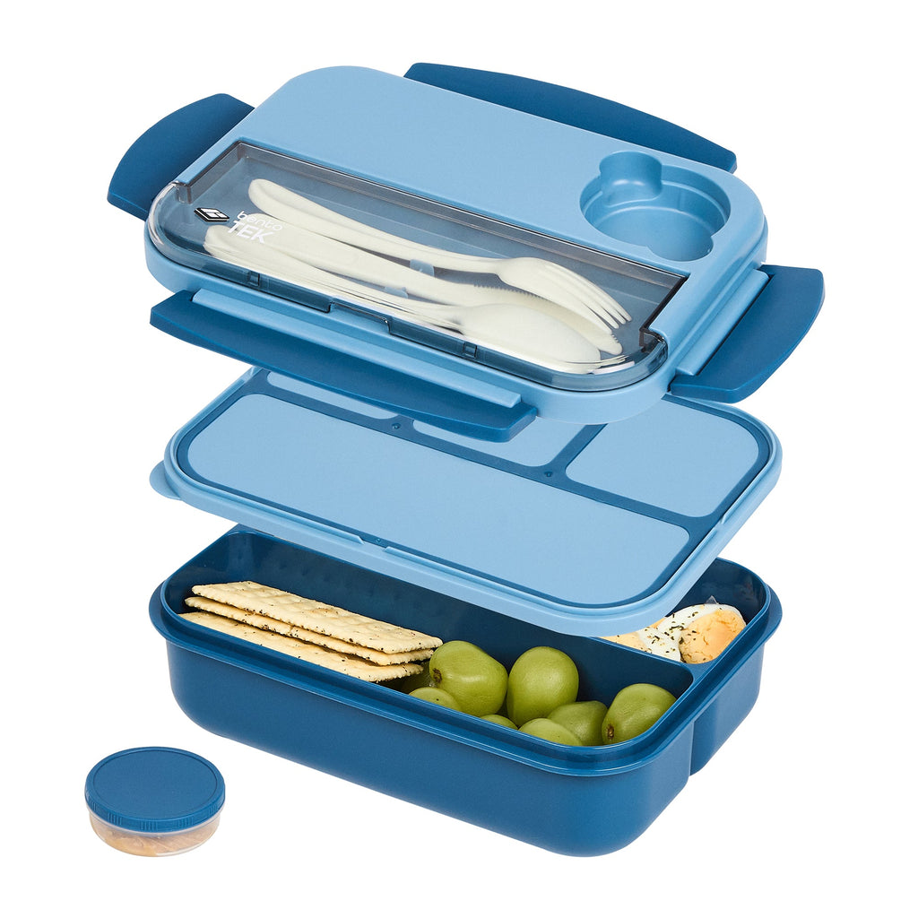 Bento Tek 44 oz Blue Lunch Box - BPA-Free, Microwave-Safe, with Utensils - 9" x 6 1/2" x 3 1/4" - 1 count box