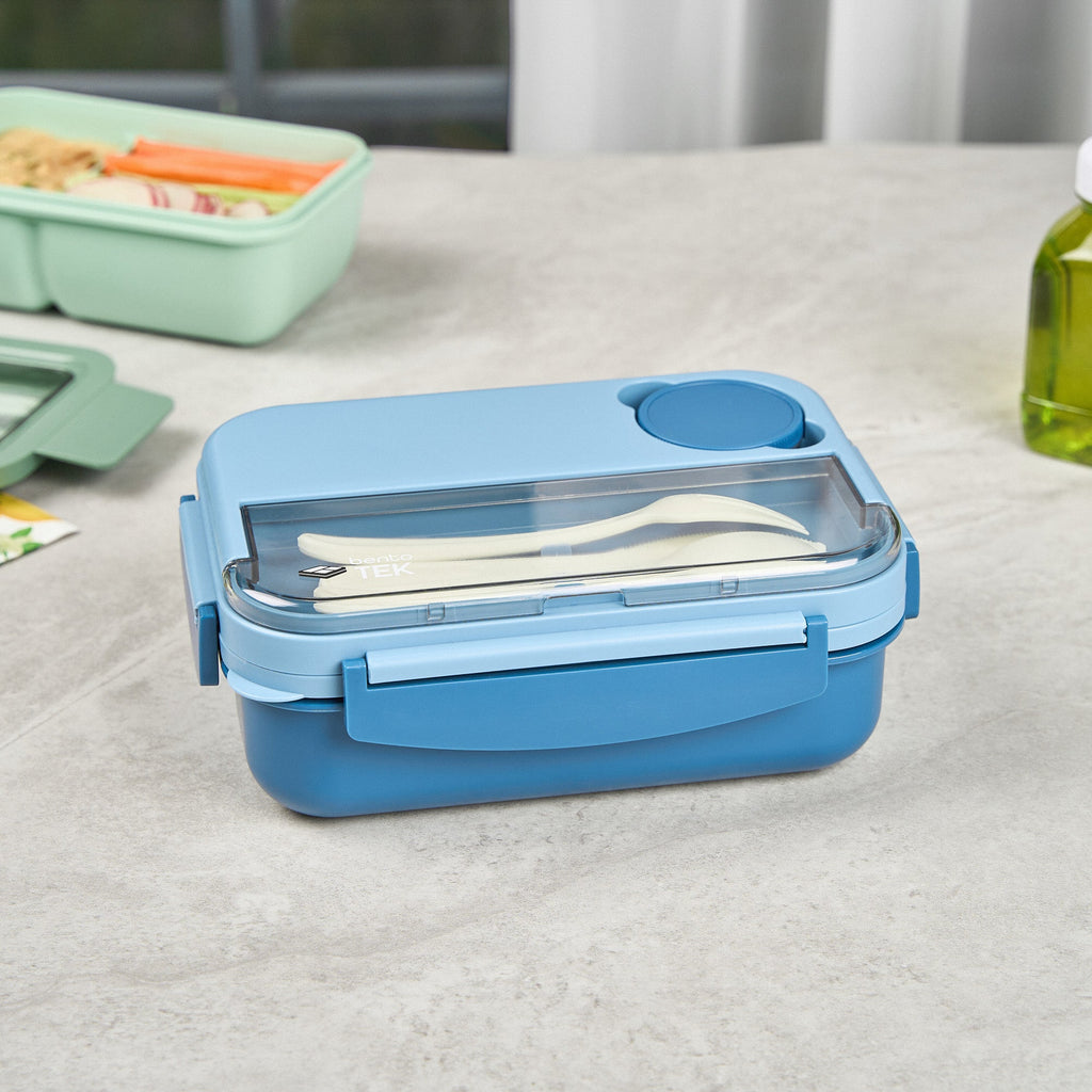 Bento Tek 44 oz Blue Lunch Box - BPA-Free, Microwave-Safe, with Utensils - 9" x 6 1/2" x 3 1/4" - 1 count box