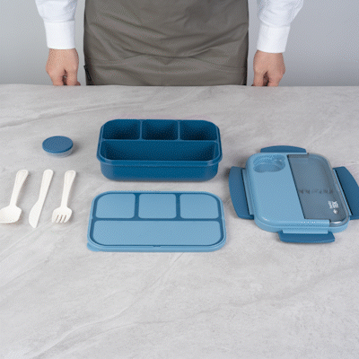 Bento Tek 44 oz Blue Lunch Box - BPA-Free, Microwave-Safe, with Utensils - 9" x 6 1/2" x 3 1/4" - 1 count box
