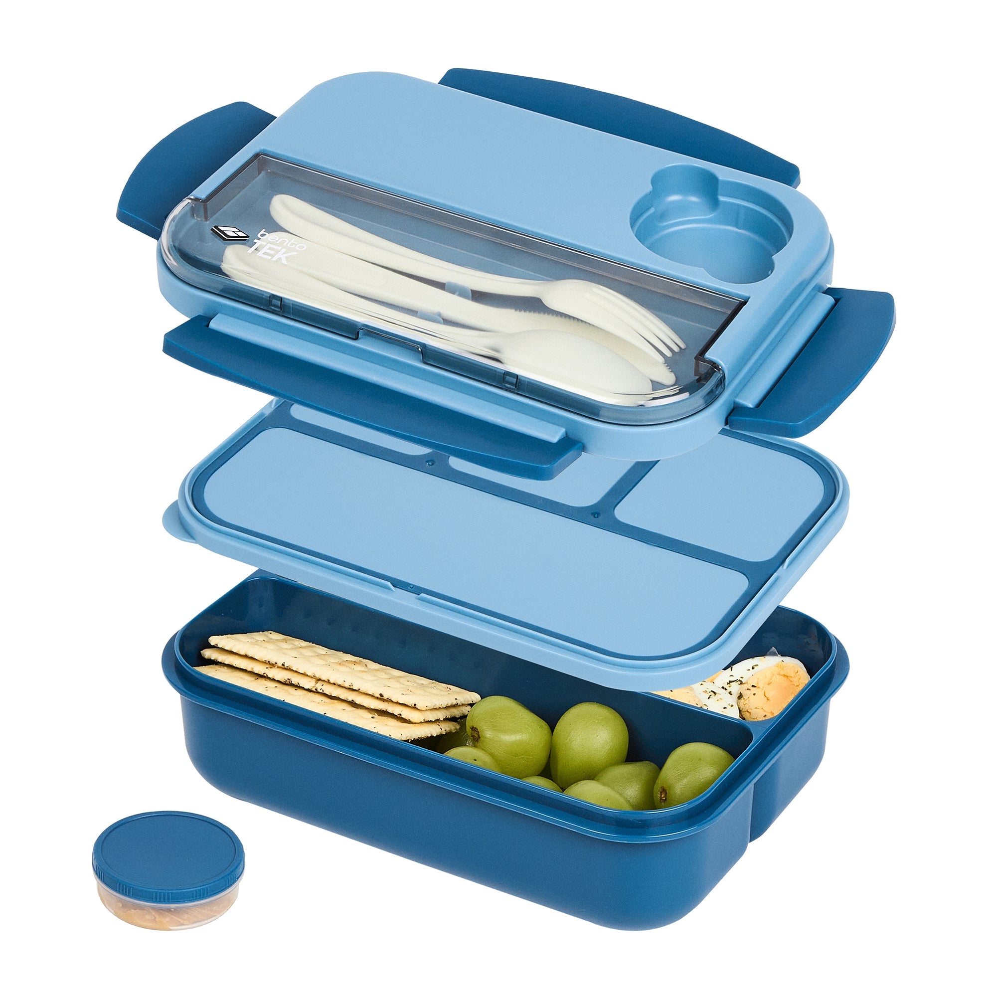 Bento Tek 44 oz Blue Lunch Box - BPA-Free, Microwave-Safe, with Utensils - 9" x 6 1/2" x 3 1/4" - 10 count box