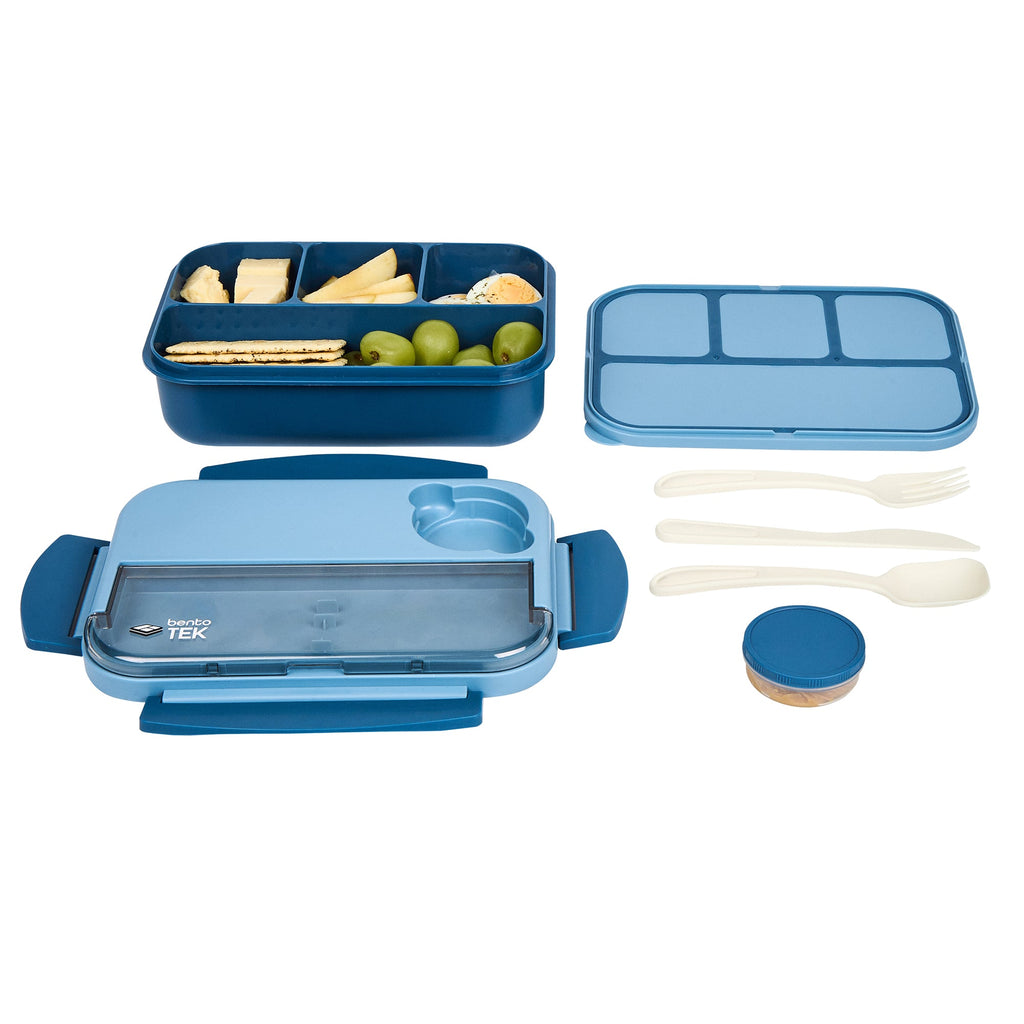 Bento Tek 44 oz Blue Lunch Box - BPA-Free, Microwave-Safe, with Utensils - 9" x 6 1/2" x 3 1/4" - 10 count box
