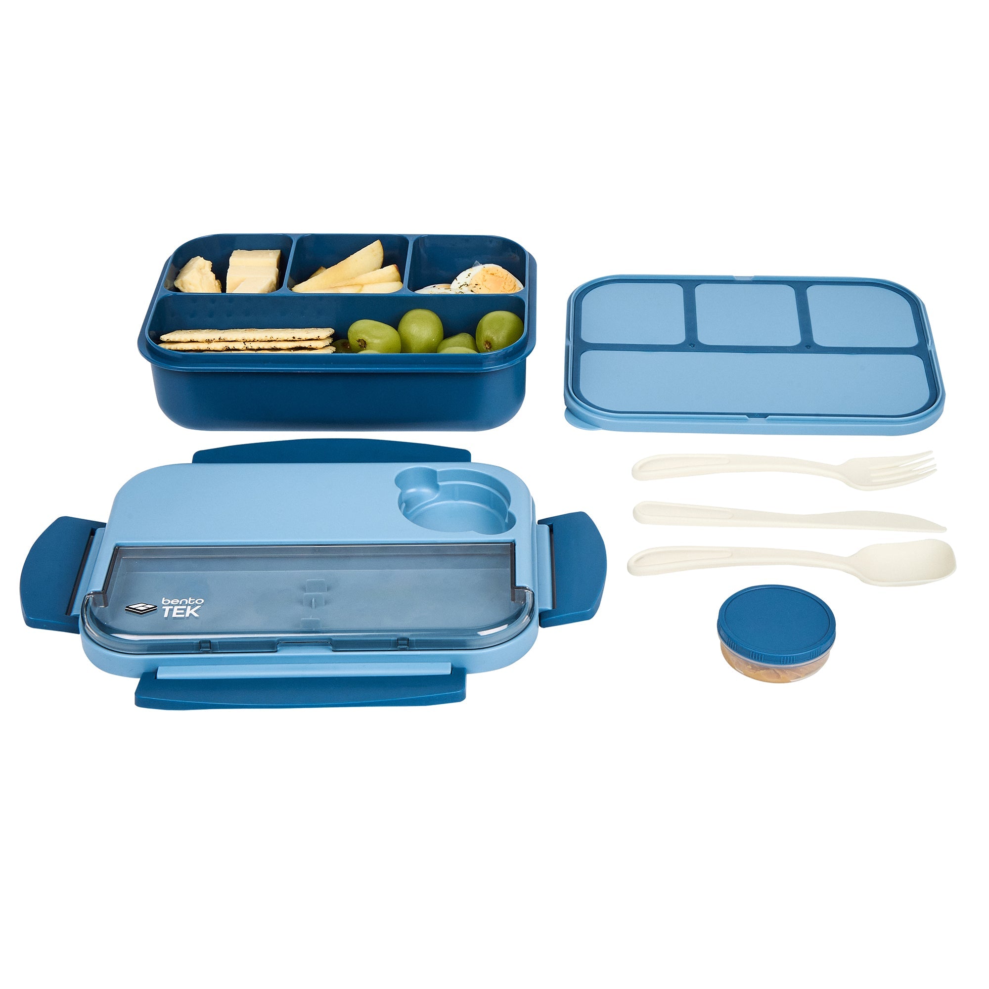 Bento Tek 44 oz Blue Lunch Box - BPA-Free, Microwave-Safe, with Utensils - 9" x 6 1/2" x 3 1/4" - 10 count box